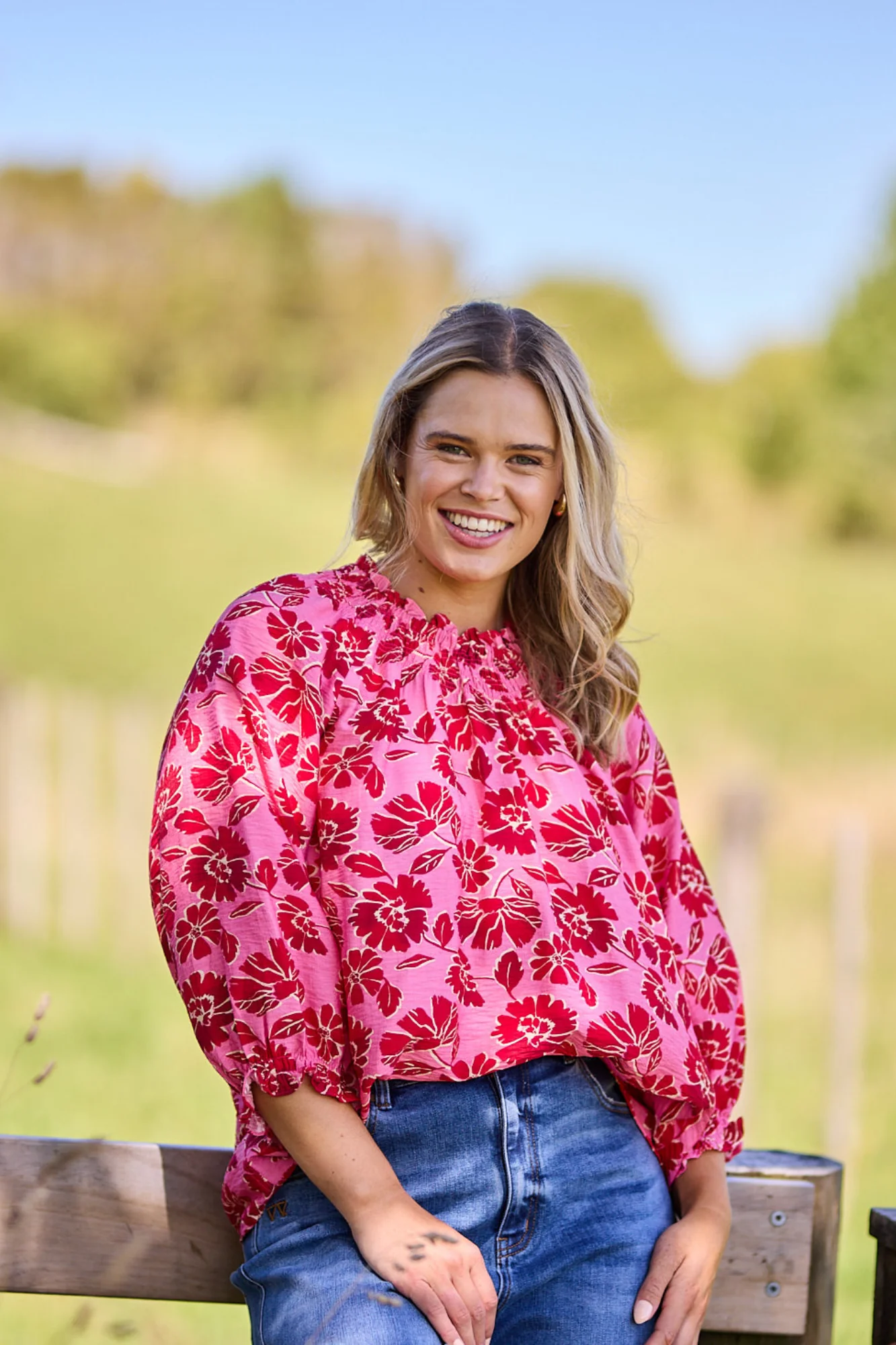 Gloss The Label Rosalie Shirred Neck Top Pink Red Floral