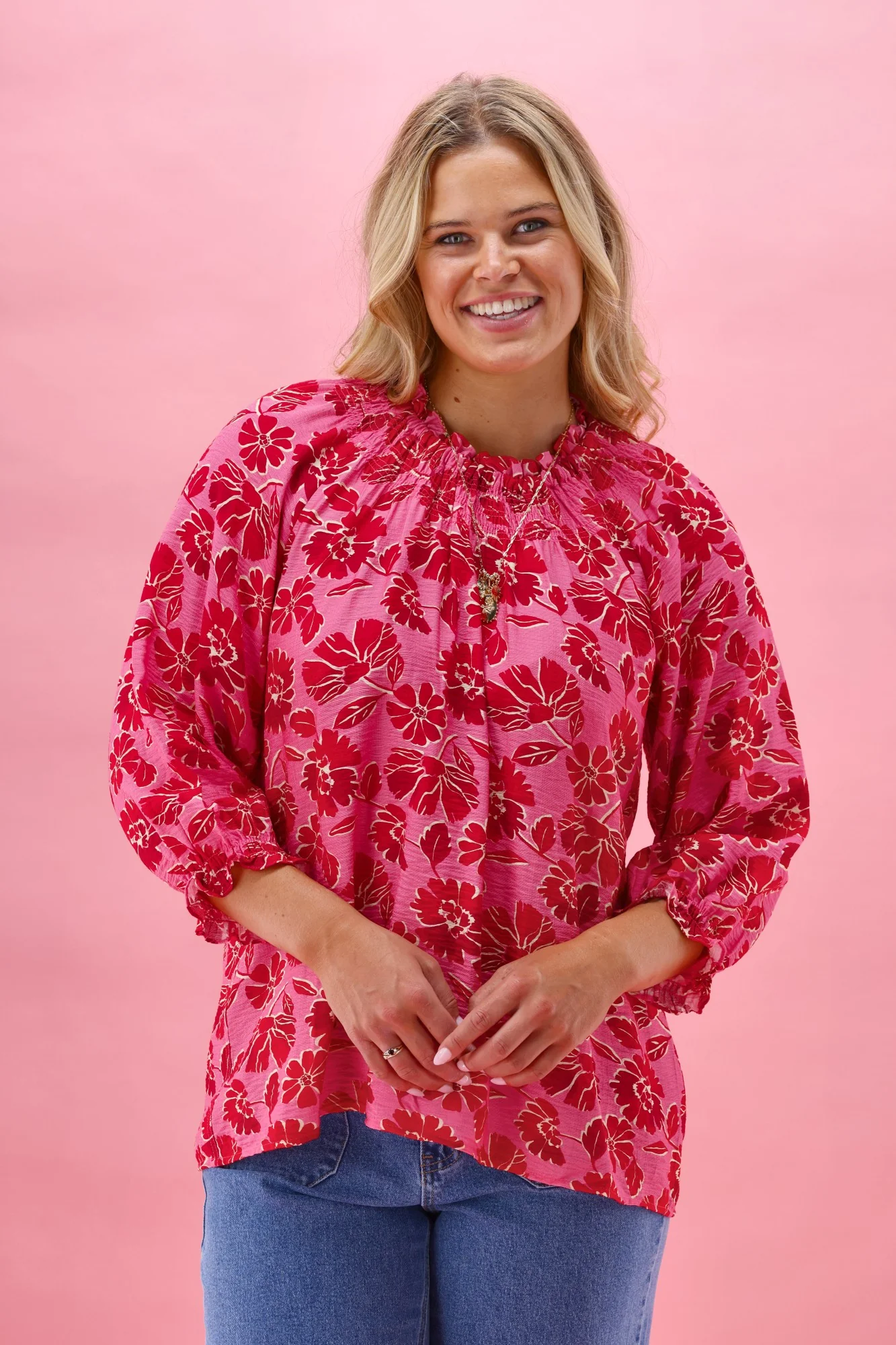 Gloss The Label Rosalie Shirred Neck Top Pink Red Floral - Image 2