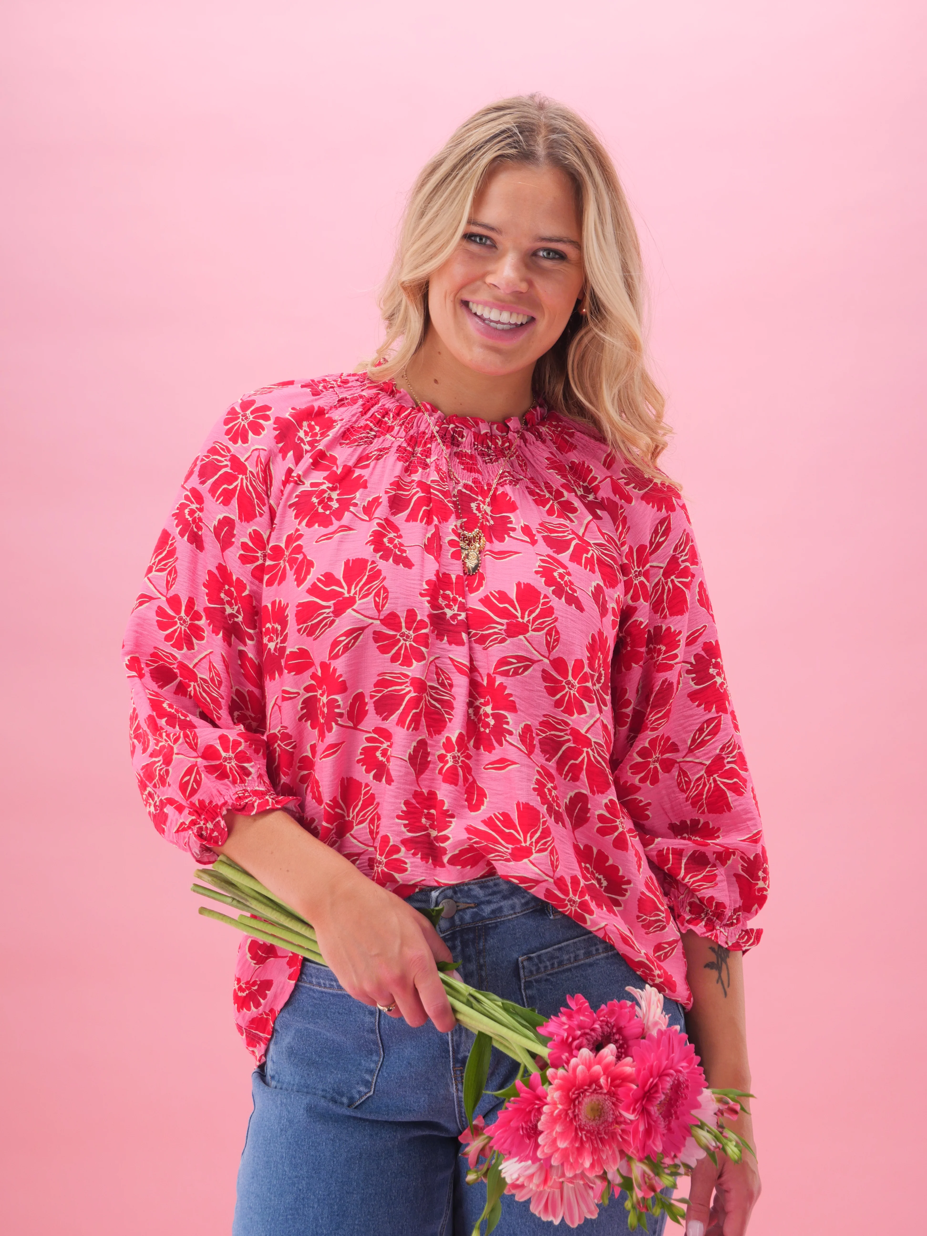 Gloss The Label Rosalie Shirred Neck Top Pink Red Floral - Image 3