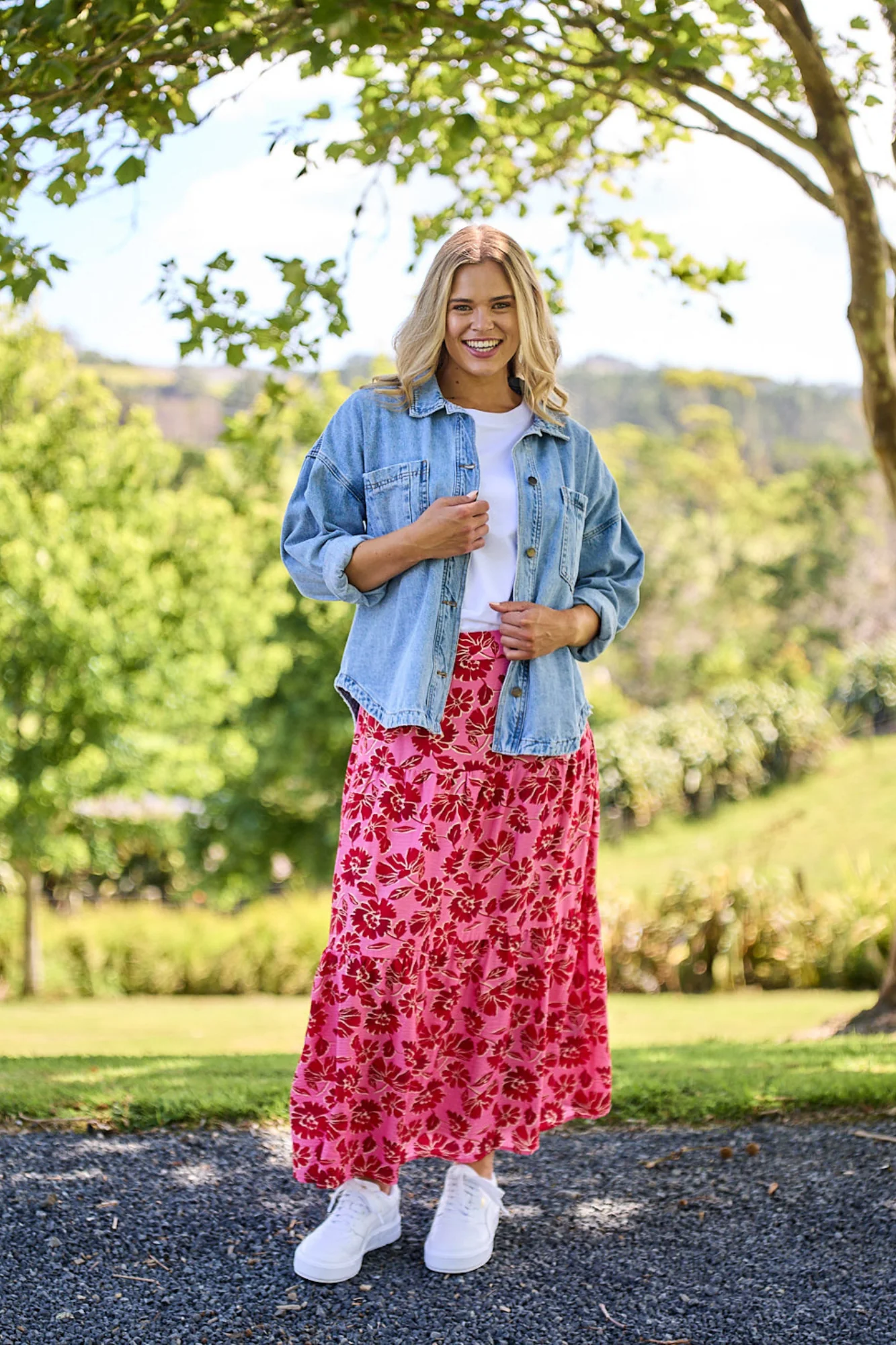 Gloss The Label Rosalie Tiered Skirt Red Pink Floral