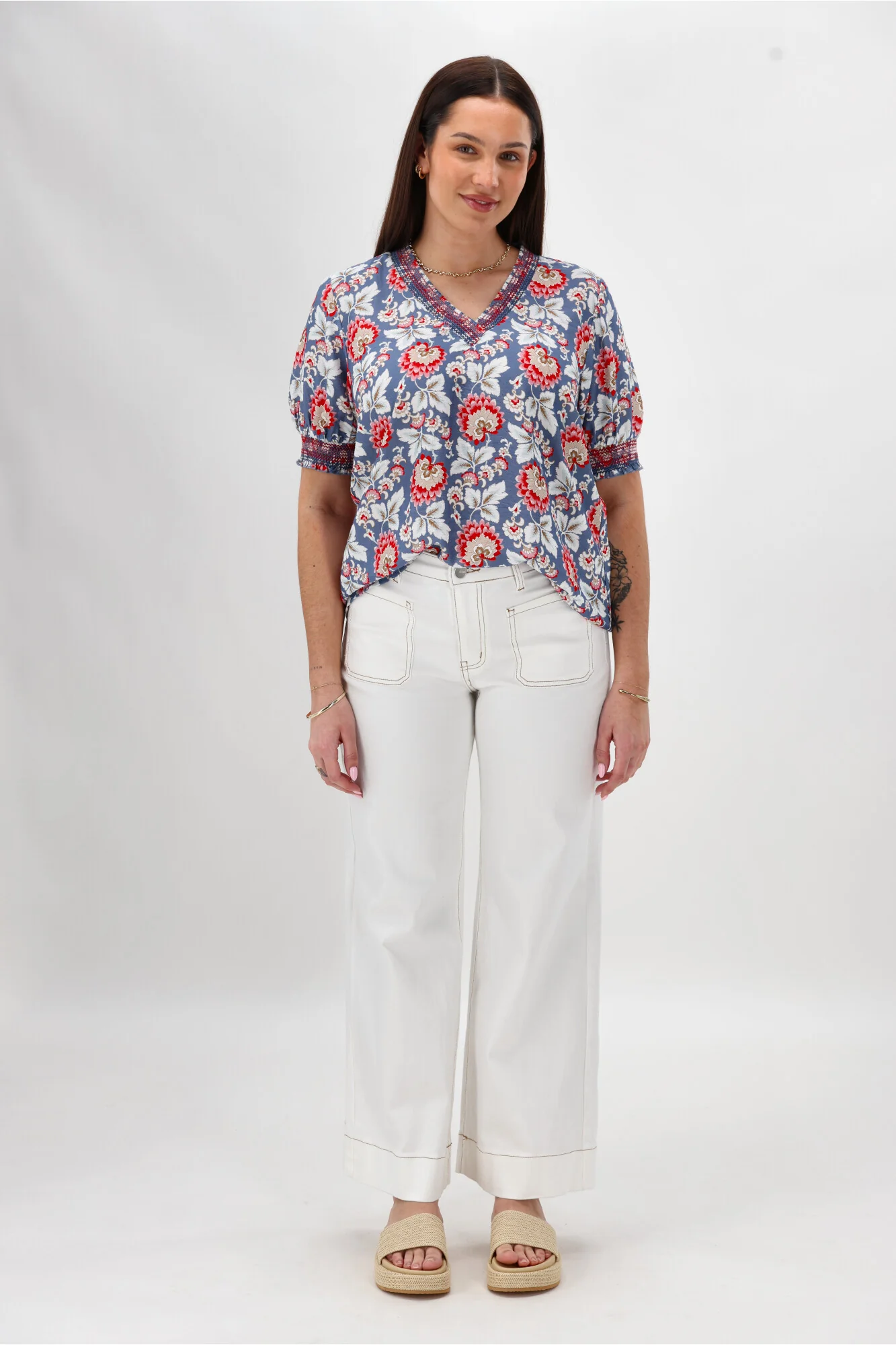 Gloss The Label Stacy Shirred Detail Floral Top Blue Paisley Floral - Image 3