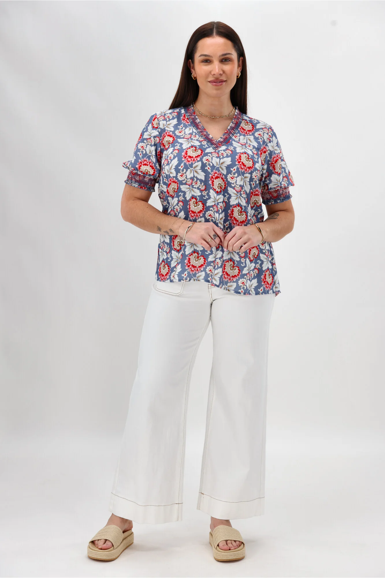 Gloss The Label Stacy Shirred Detail Floral Top Blue Paisley Floral - Image 5