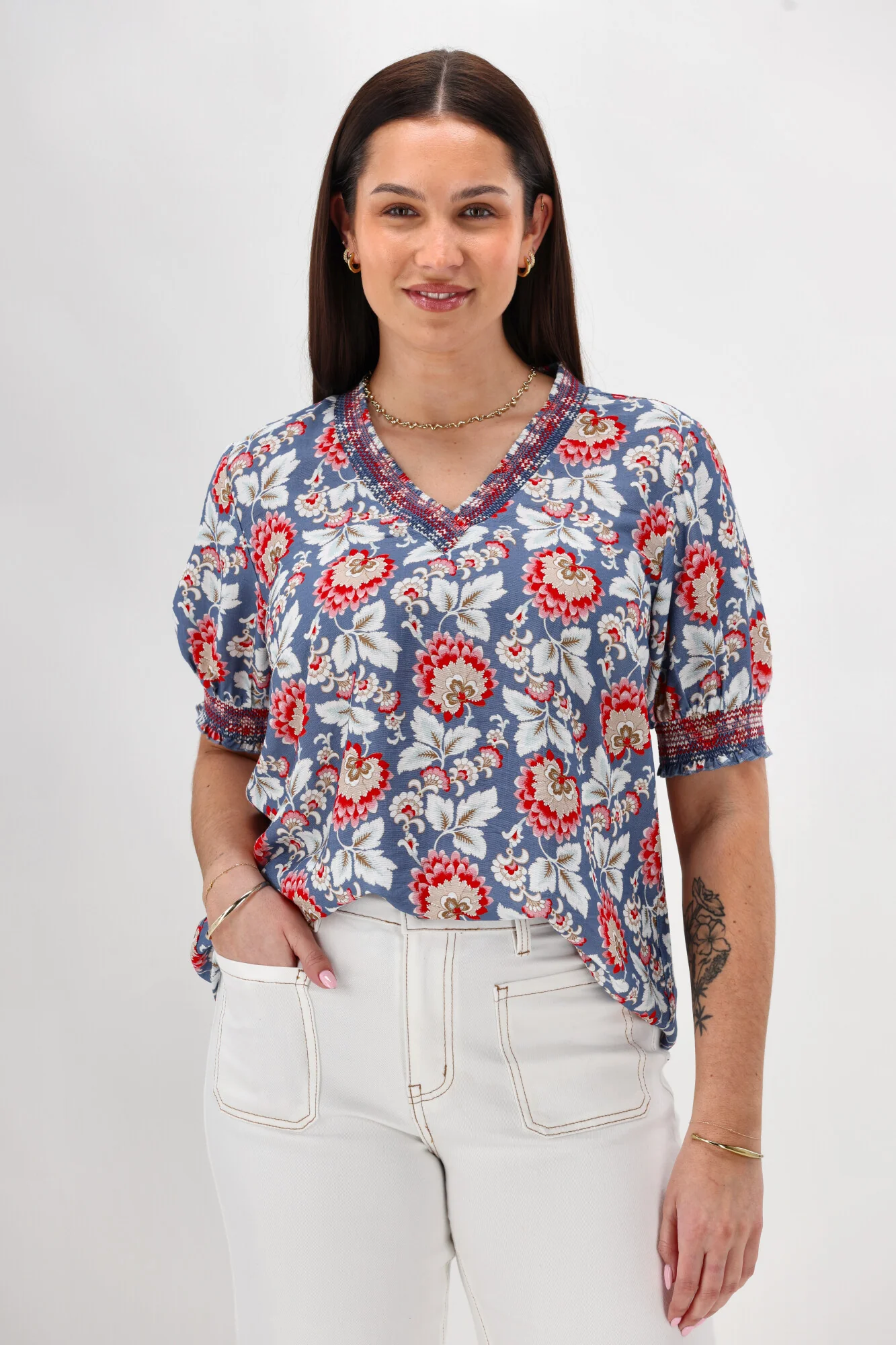 Gloss The Label Stacy Shirred Detail Floral Top Blue Paisley Floral - Image 6