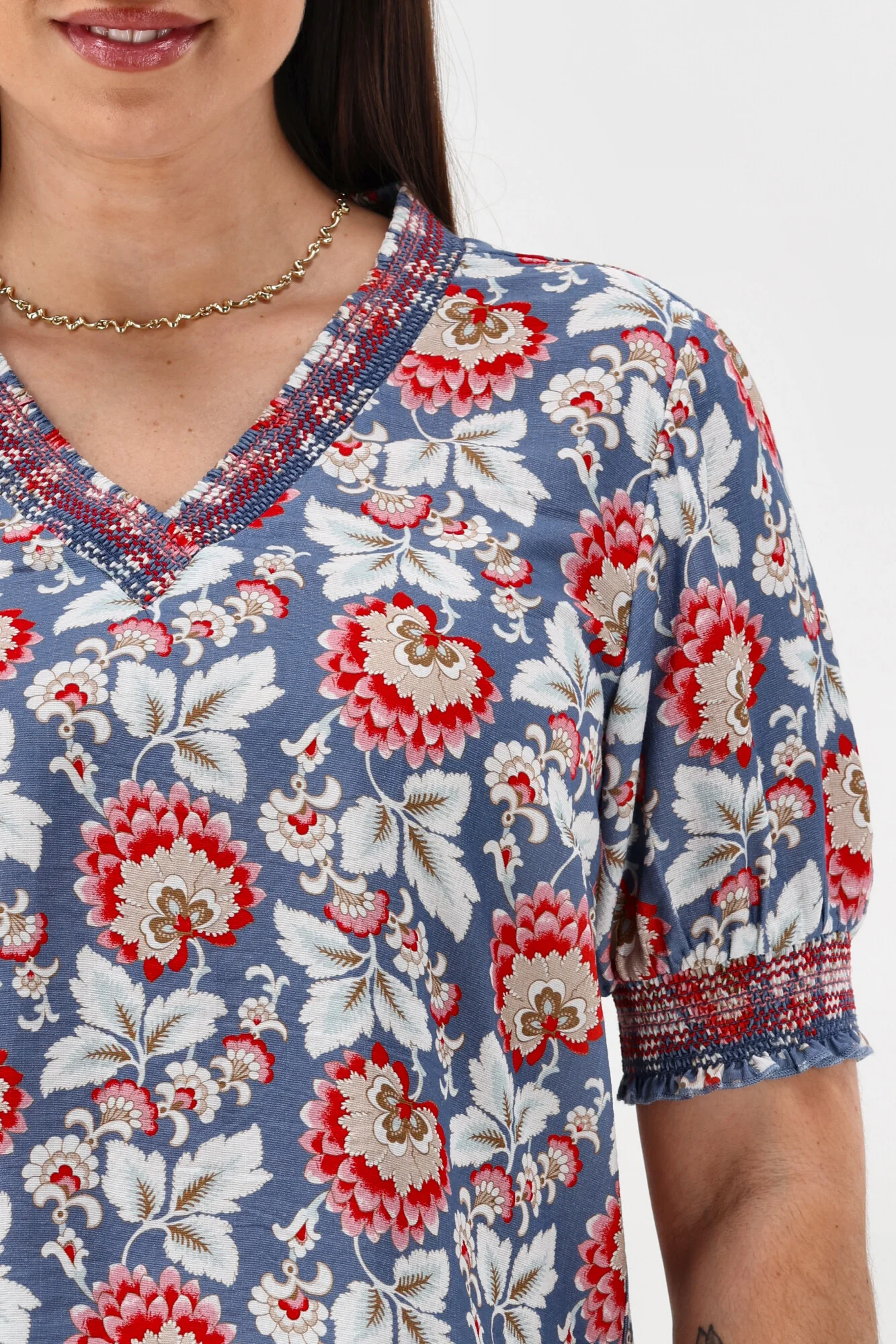 Gloss The Label Stacy Shirred Detail Floral Top Blue Paisley Floral - Image 7