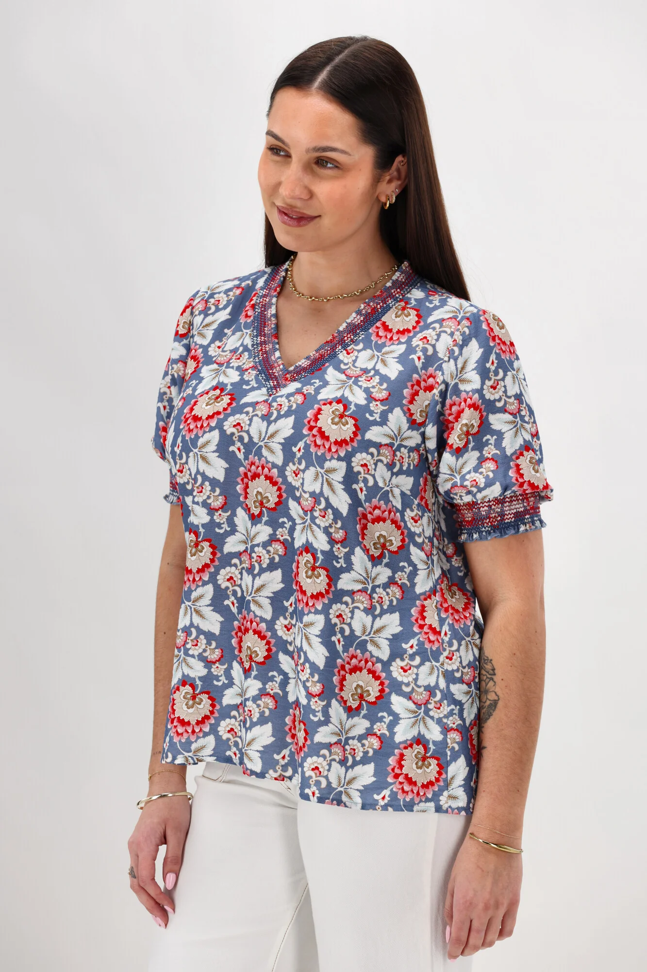 Gloss The Label Stacy Shirred Detail Floral Top Blue Paisley Floral - Image 8