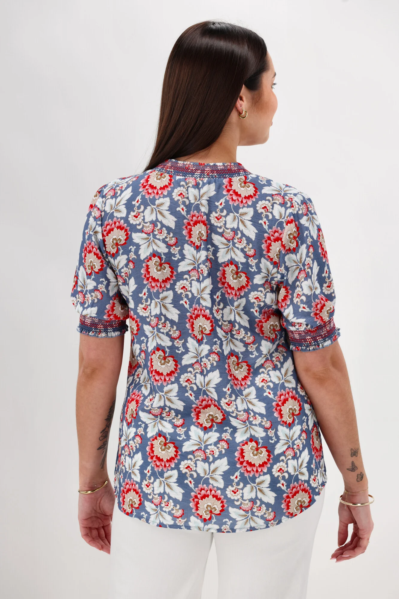Gloss The Label Stacy Shirred Detail Floral Top Blue Paisley Floral - Image 9