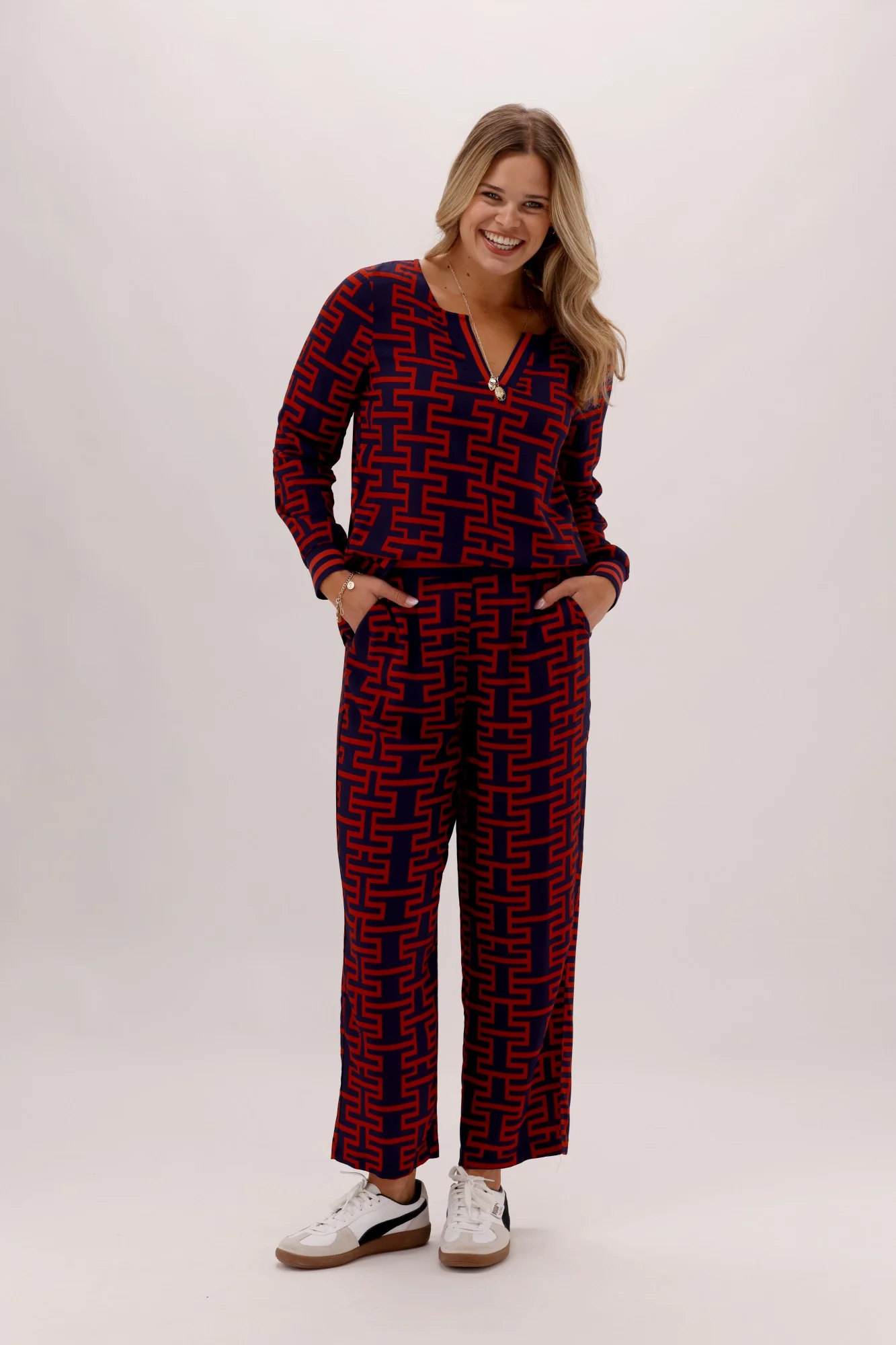Gloss The Label Solstice Pant Navy Rust Geo Print - Image 7