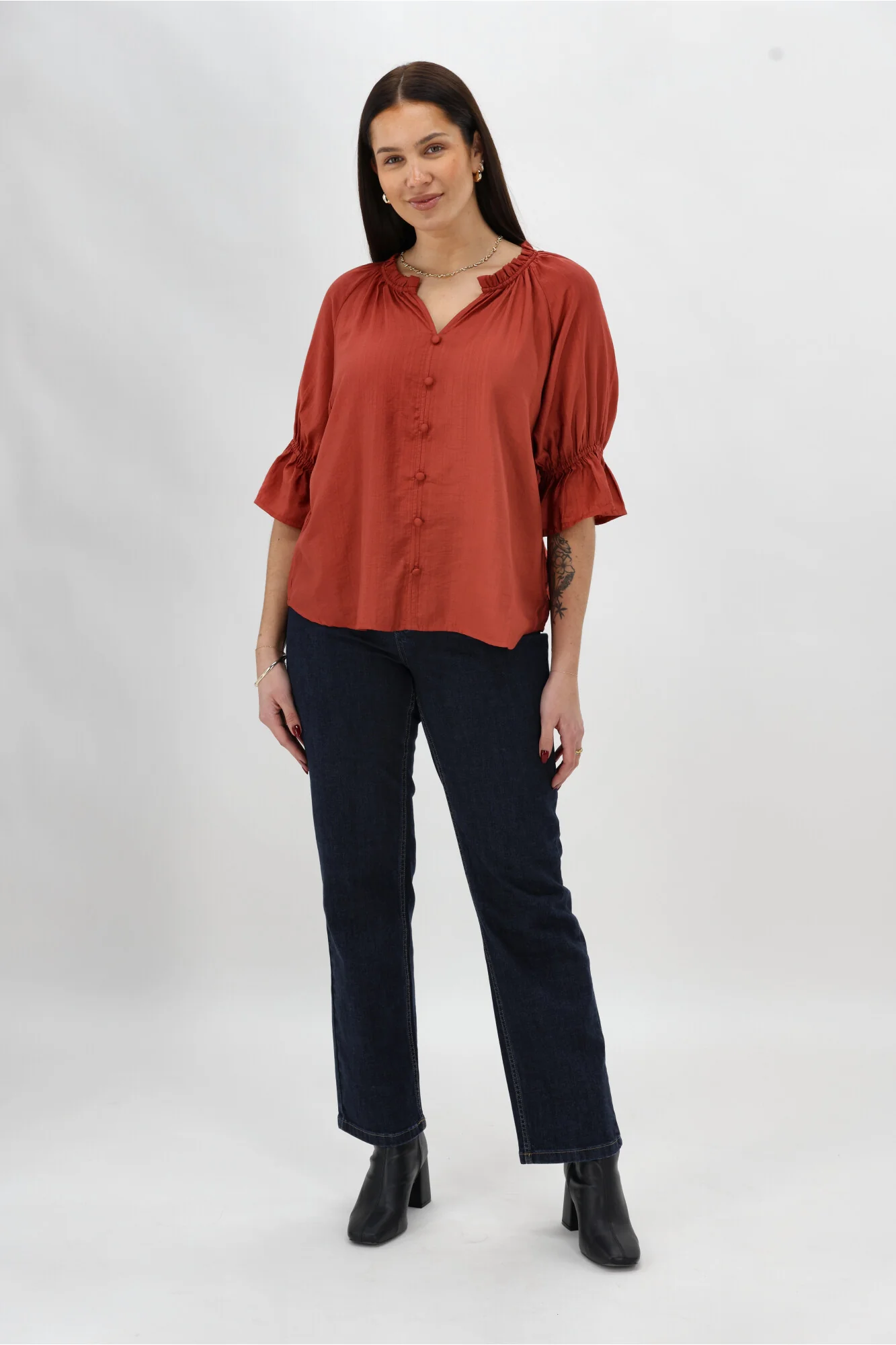 Gloss The Label Sophia Ruffle Neck Blouse Rust - Image 3