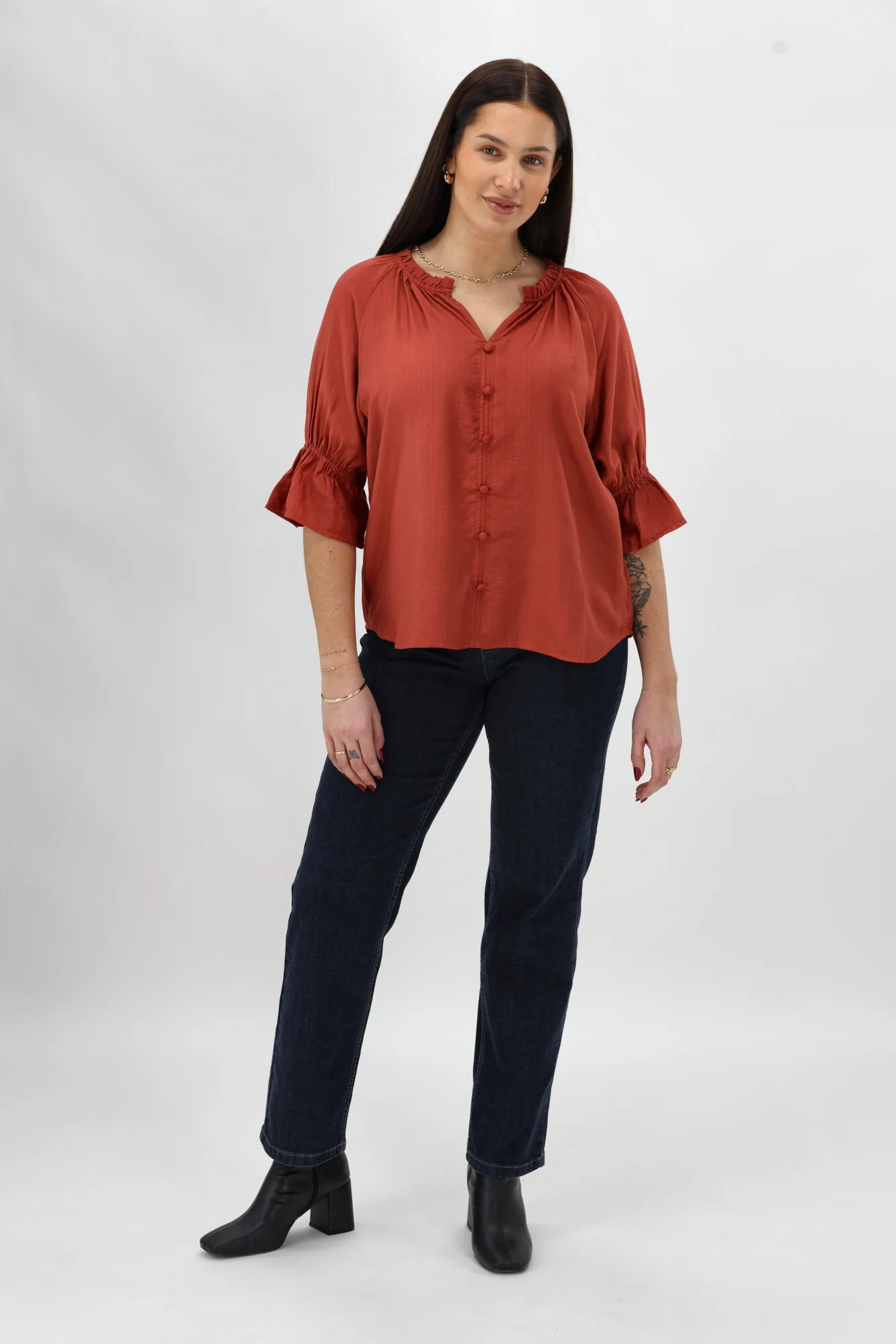 Gloss The Label Sophia Ruffle Neck Blouse Rust - Image 4