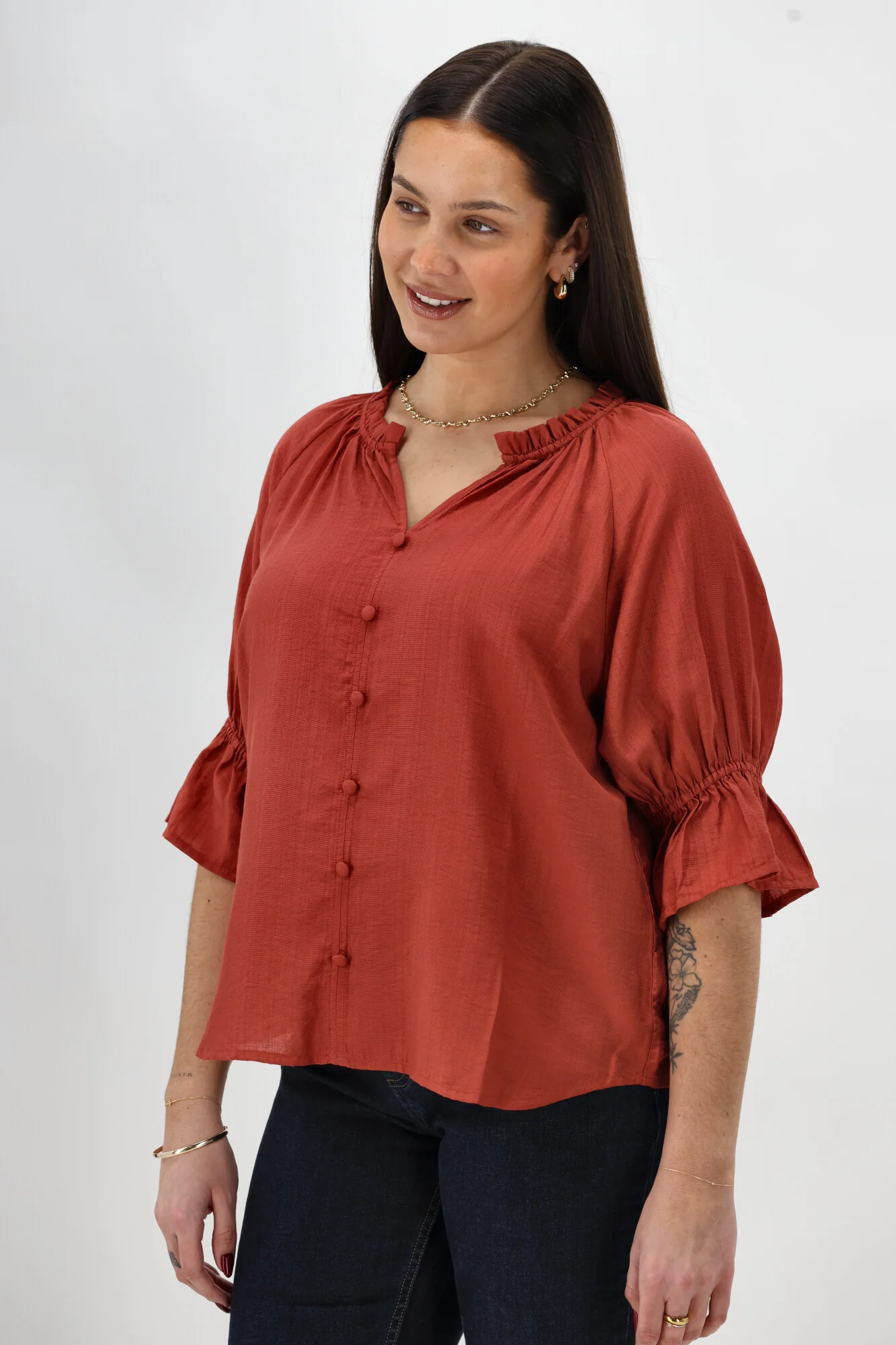 Gloss The Label Sophia Ruffle Neck Blouse Rust - Image 5