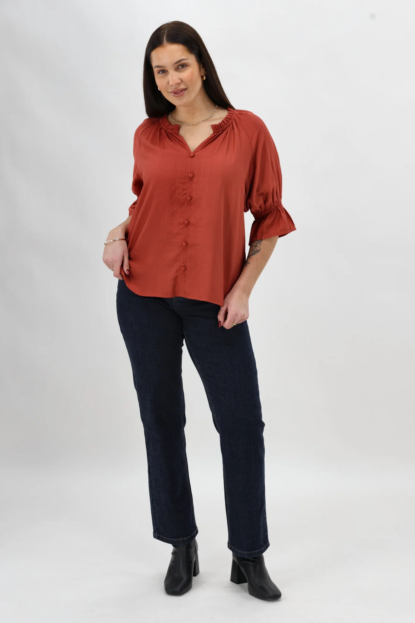 Gloss The Label Sophia Ruffle Neck Blouse Rust - Image 7
