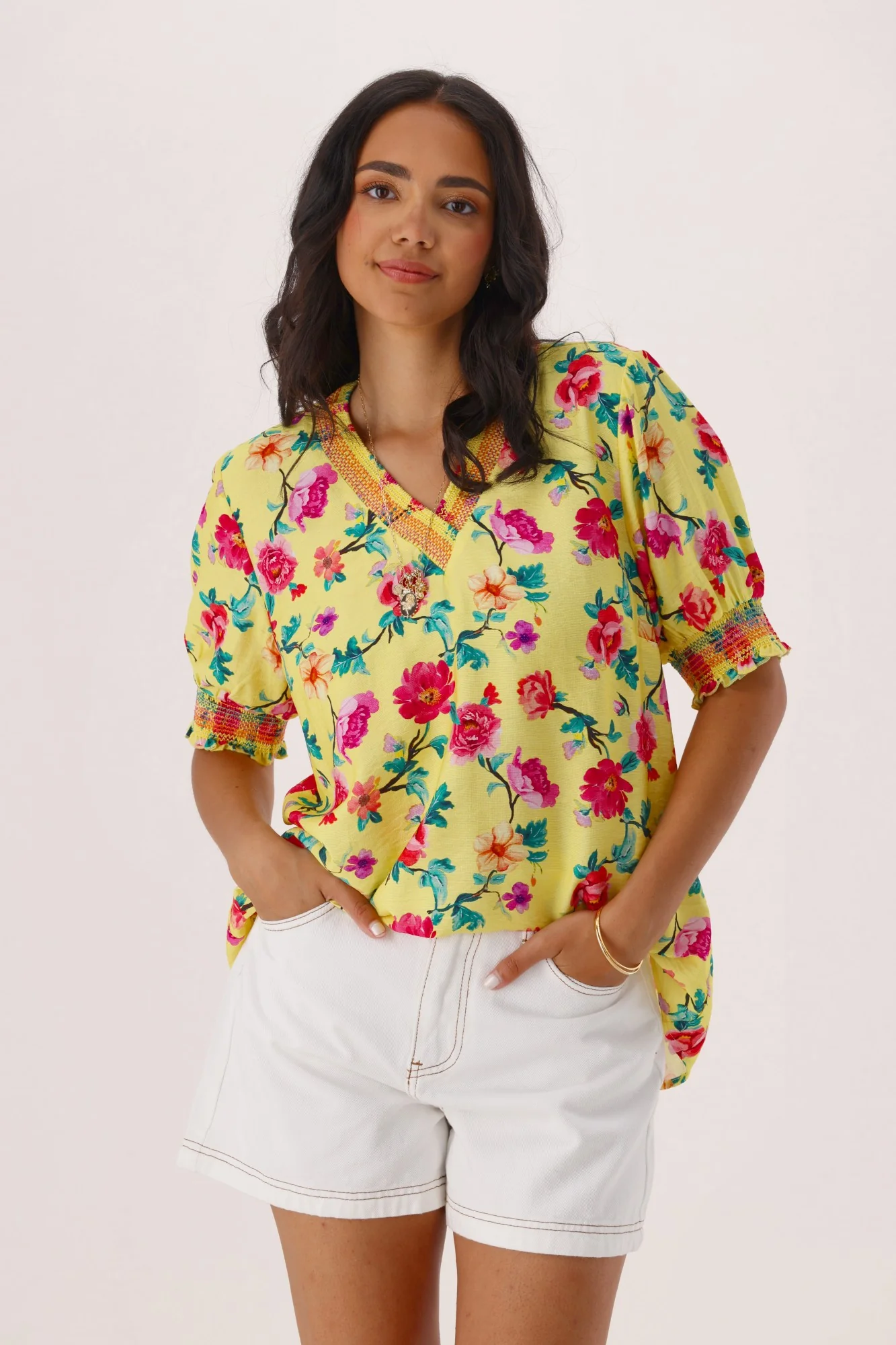 Gloss The Label Stacy Bouquet Shirred Top Yellow Floral - Image 2