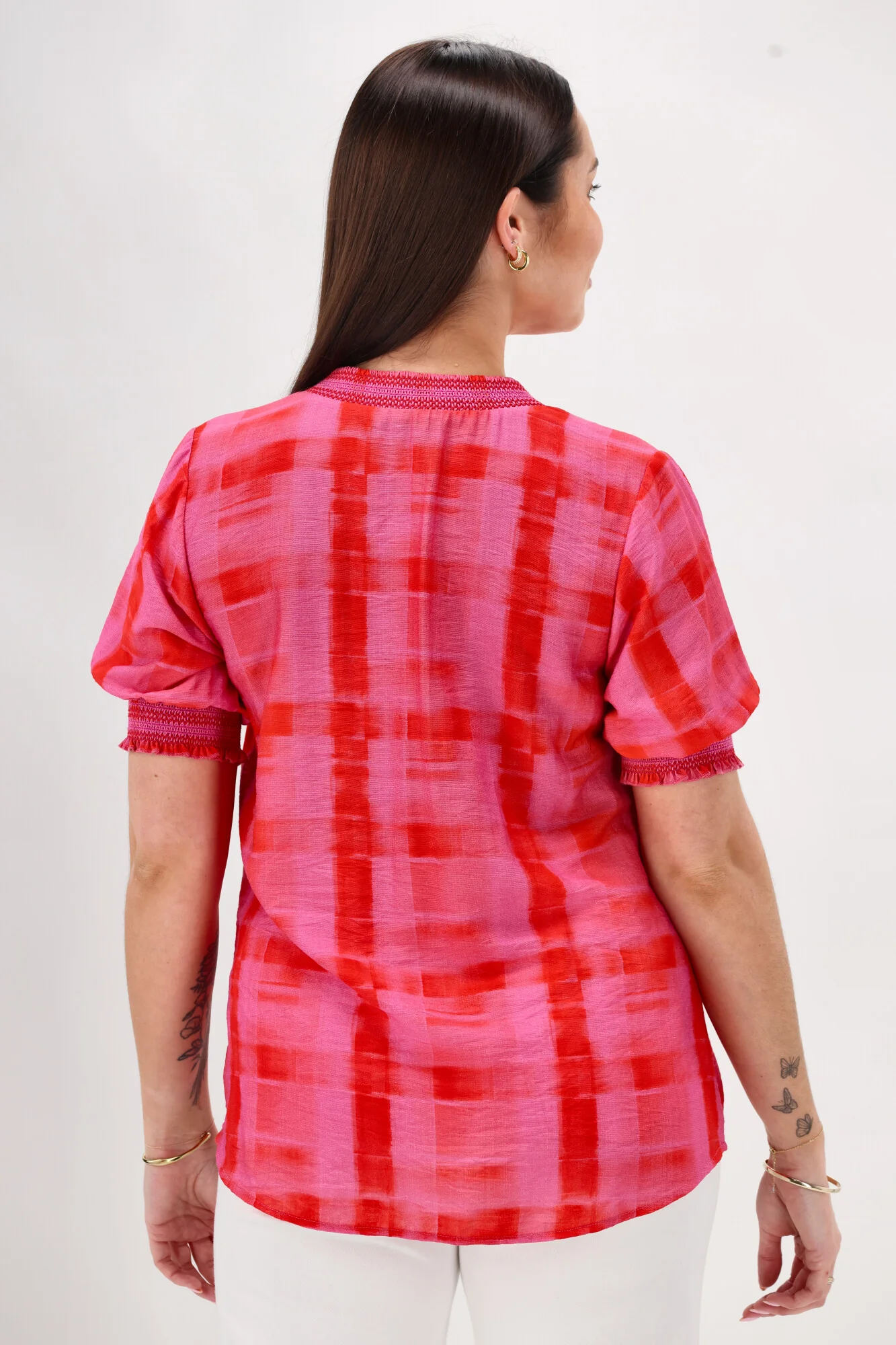 Gloss The Label Stacy Shirred Detail Top Pink Red Check - Image 10