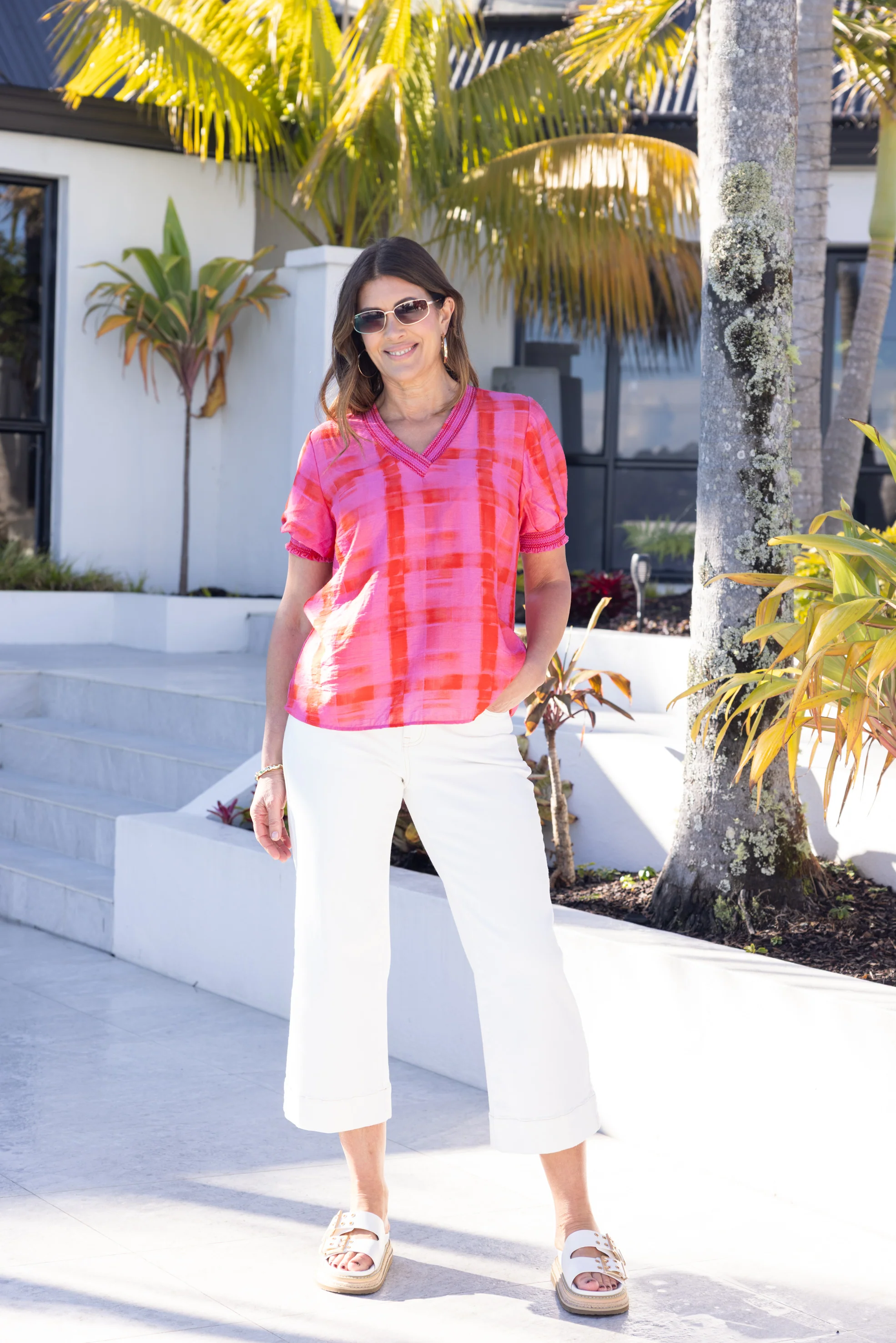 Gloss The Label Stacy Shirred Detail Top Pink Red Check - Image 3