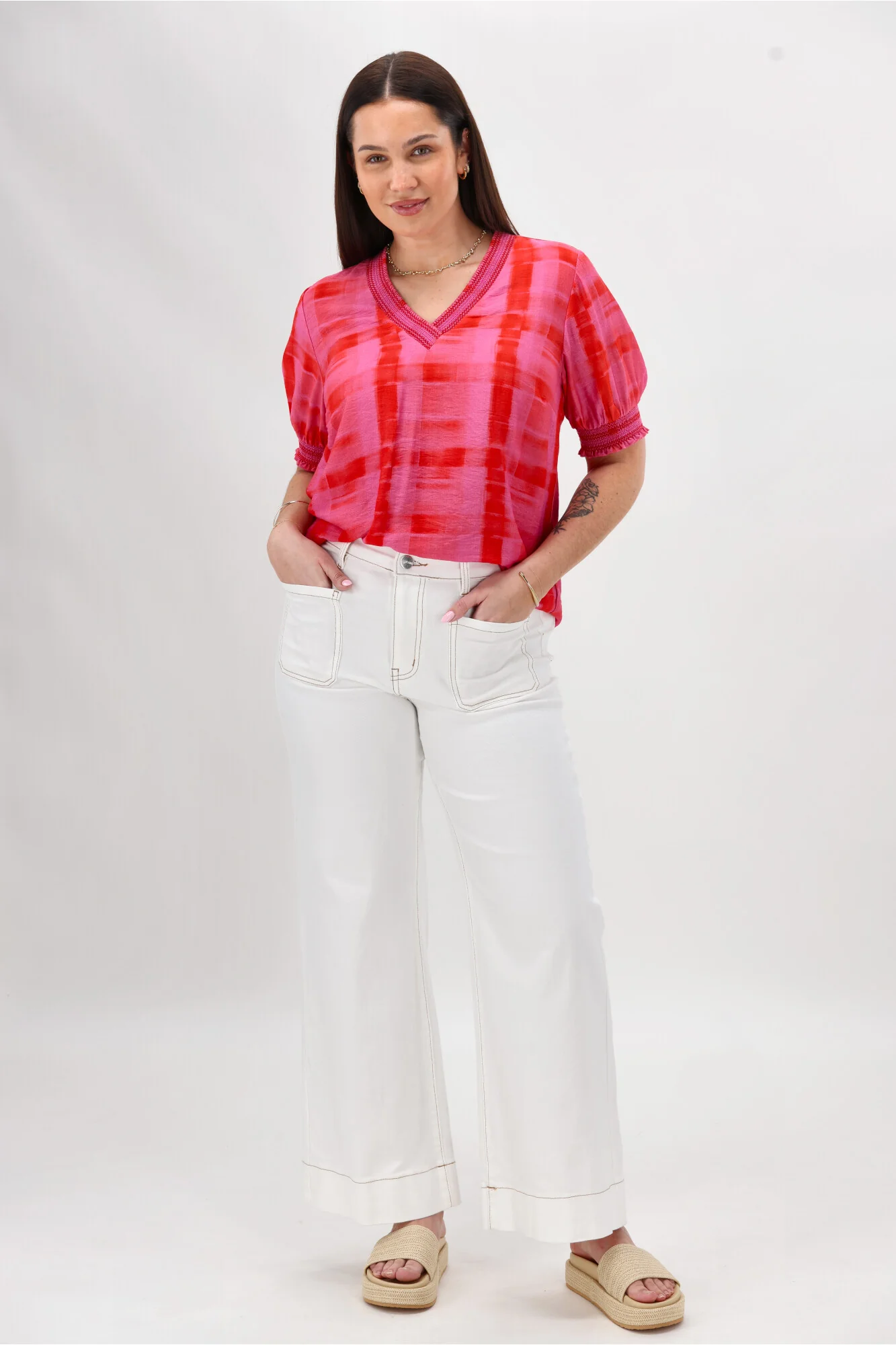 Gloss The Label Stacy Shirred Detail Top Pink Red Check - Image 4
