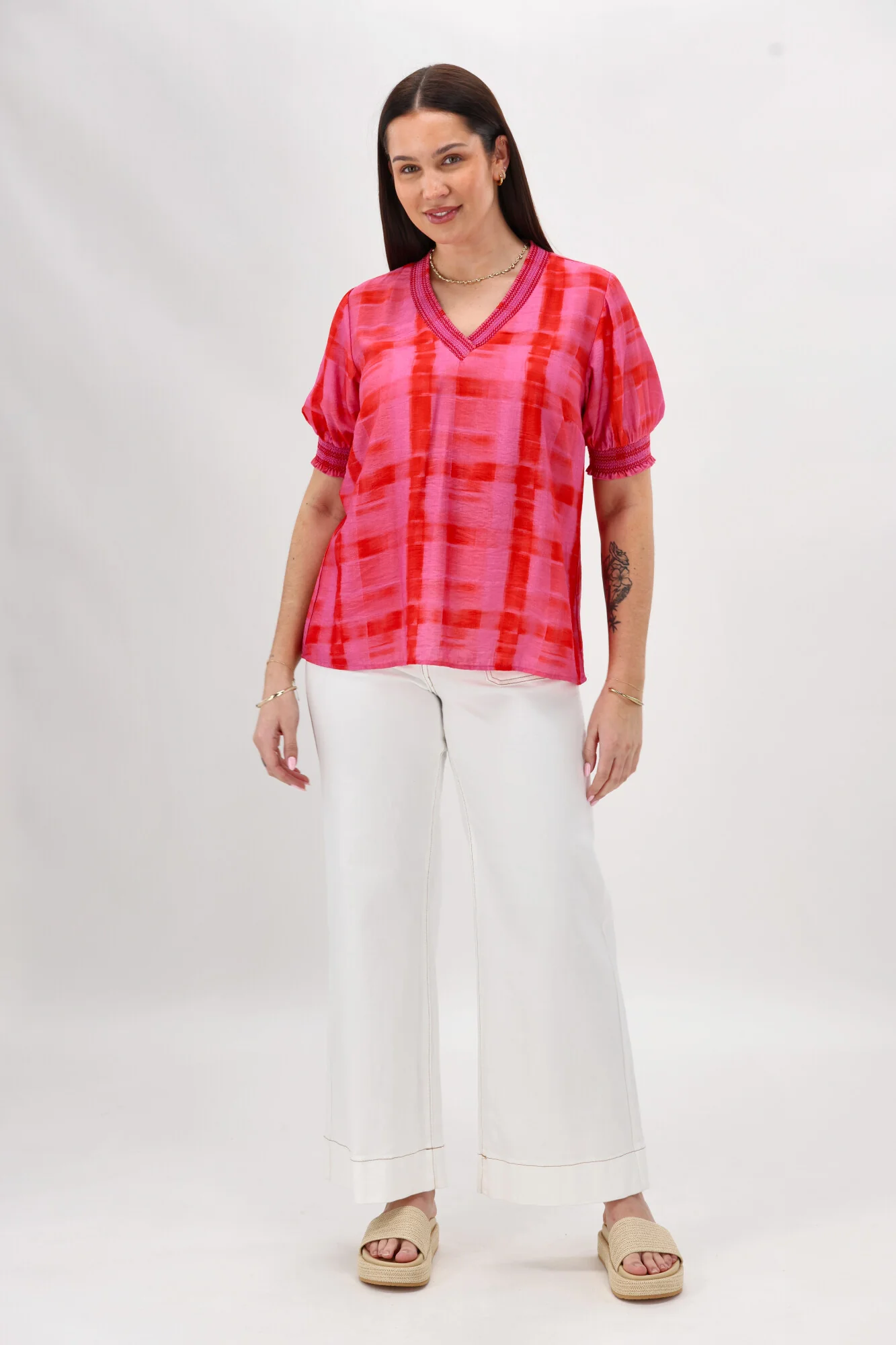 Gloss The Label Stacy Shirred Detail Top Pink Red Check - Image 6