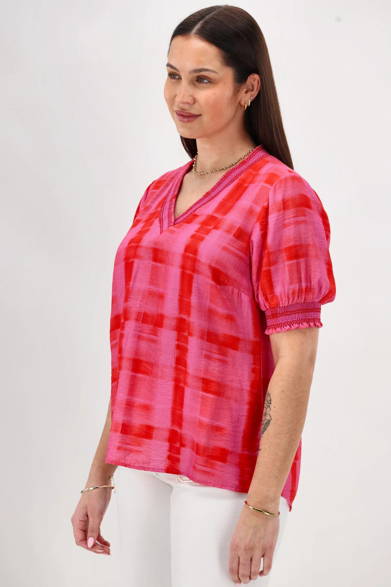 Gloss The Label Stacy Shirred Detail Top Pink Red Check - Image 7