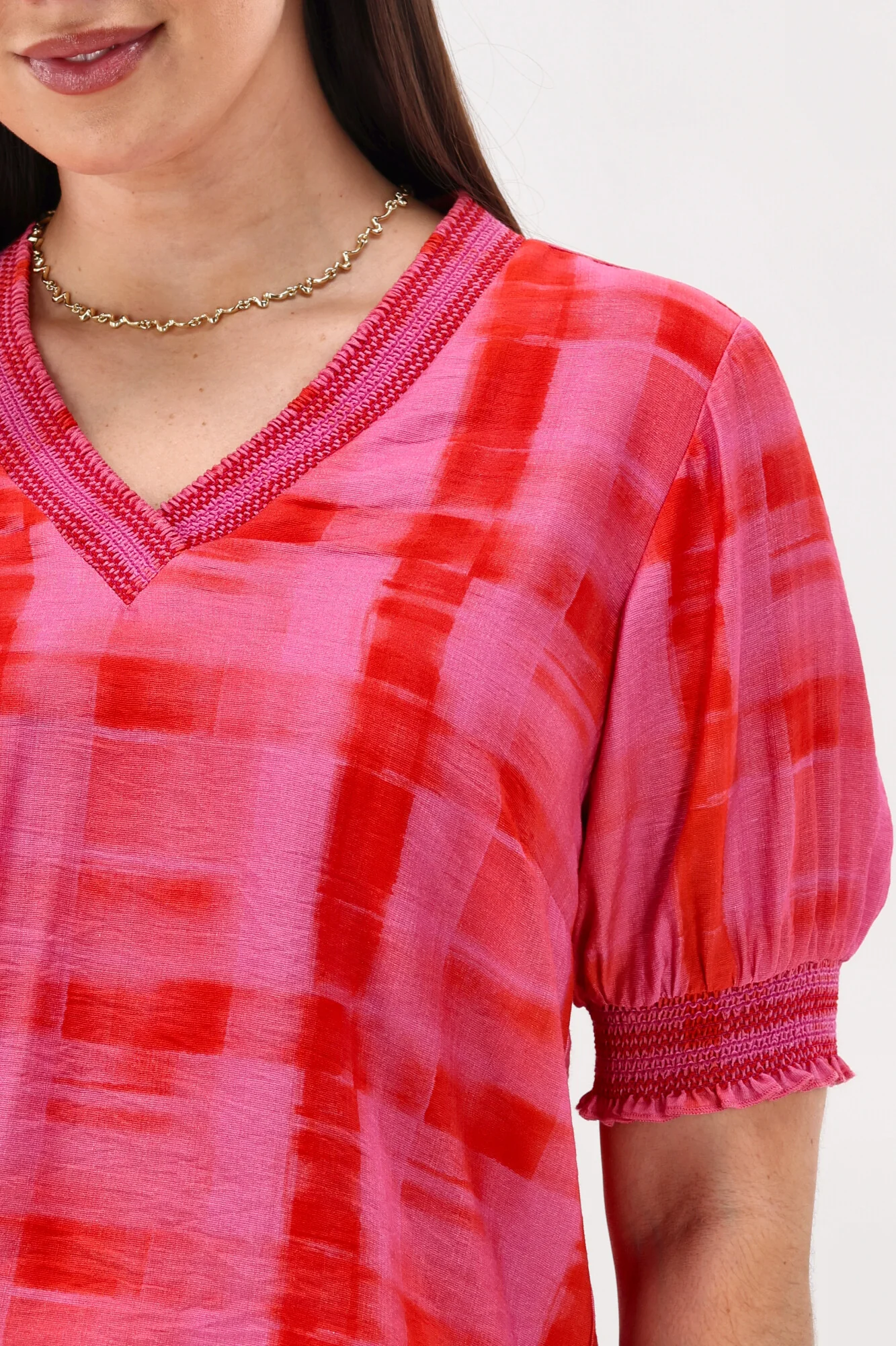 Gloss The Label Stacy Shirred Detail Top Pink Red Check - Image 8