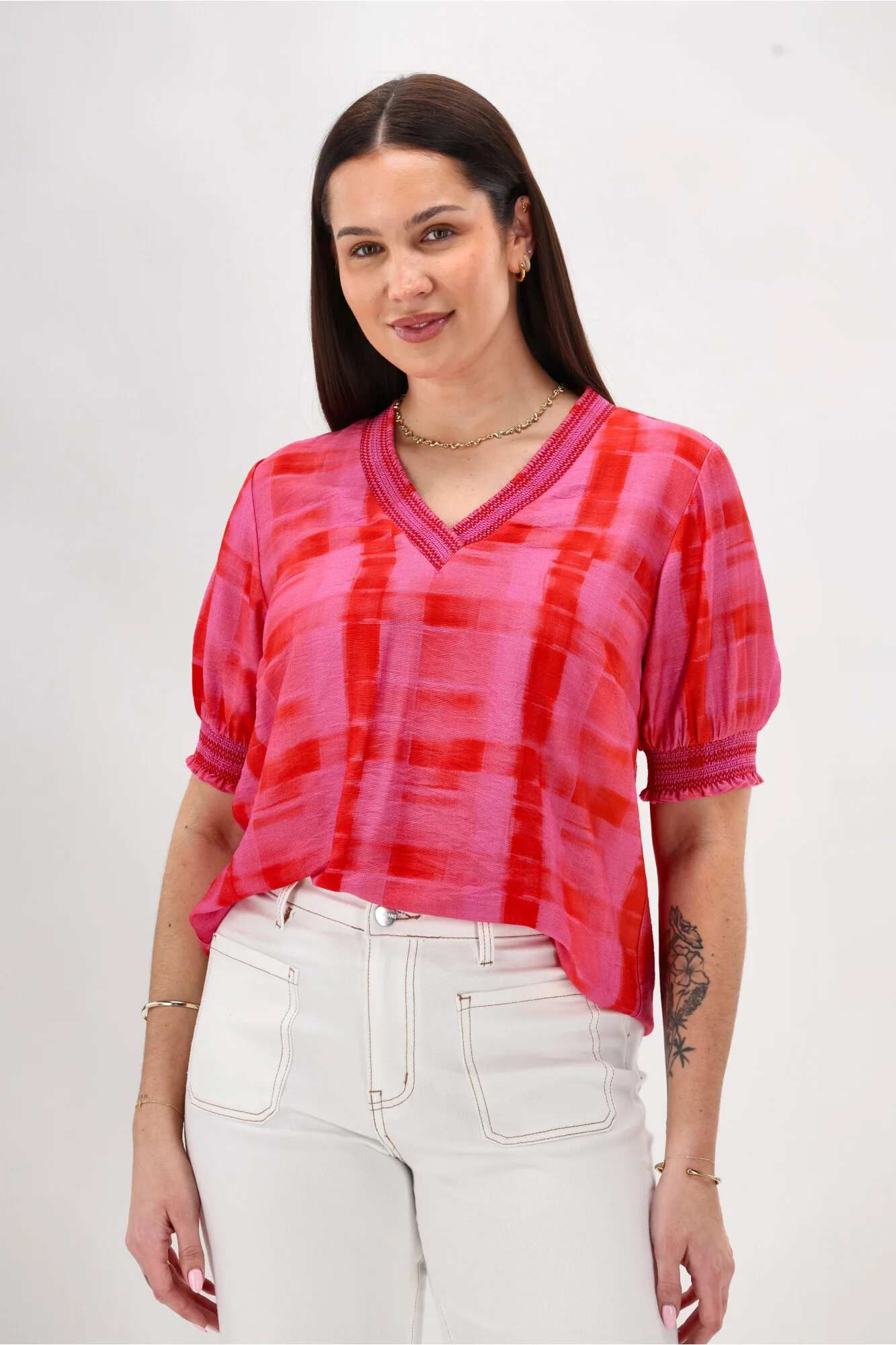 Gloss The Label Stacy Shirred Detail Top Pink Red Check - Image 9