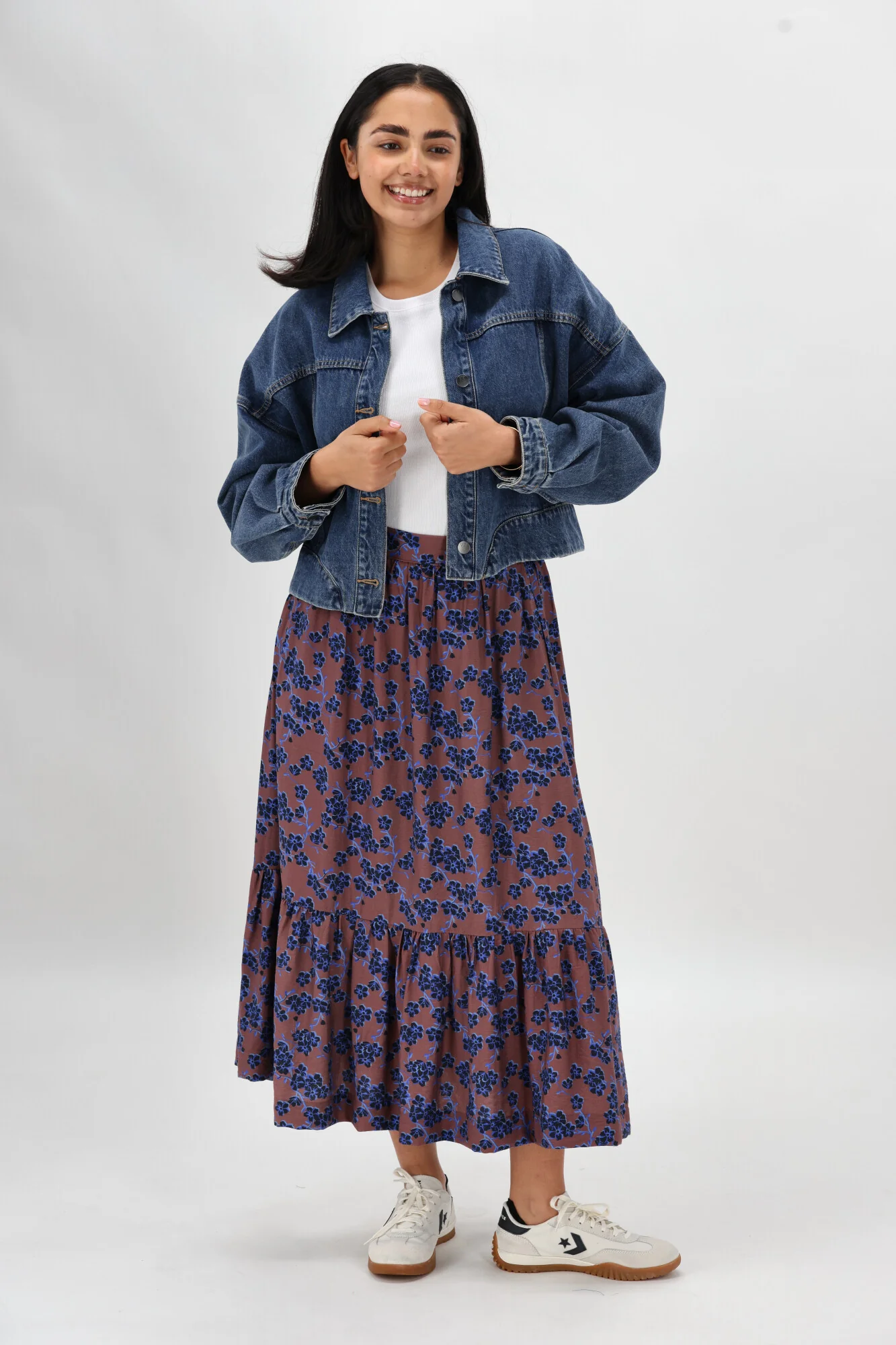 Gloss The Label Taia Frill Hem Skirt Chocolate Floral - Image 3