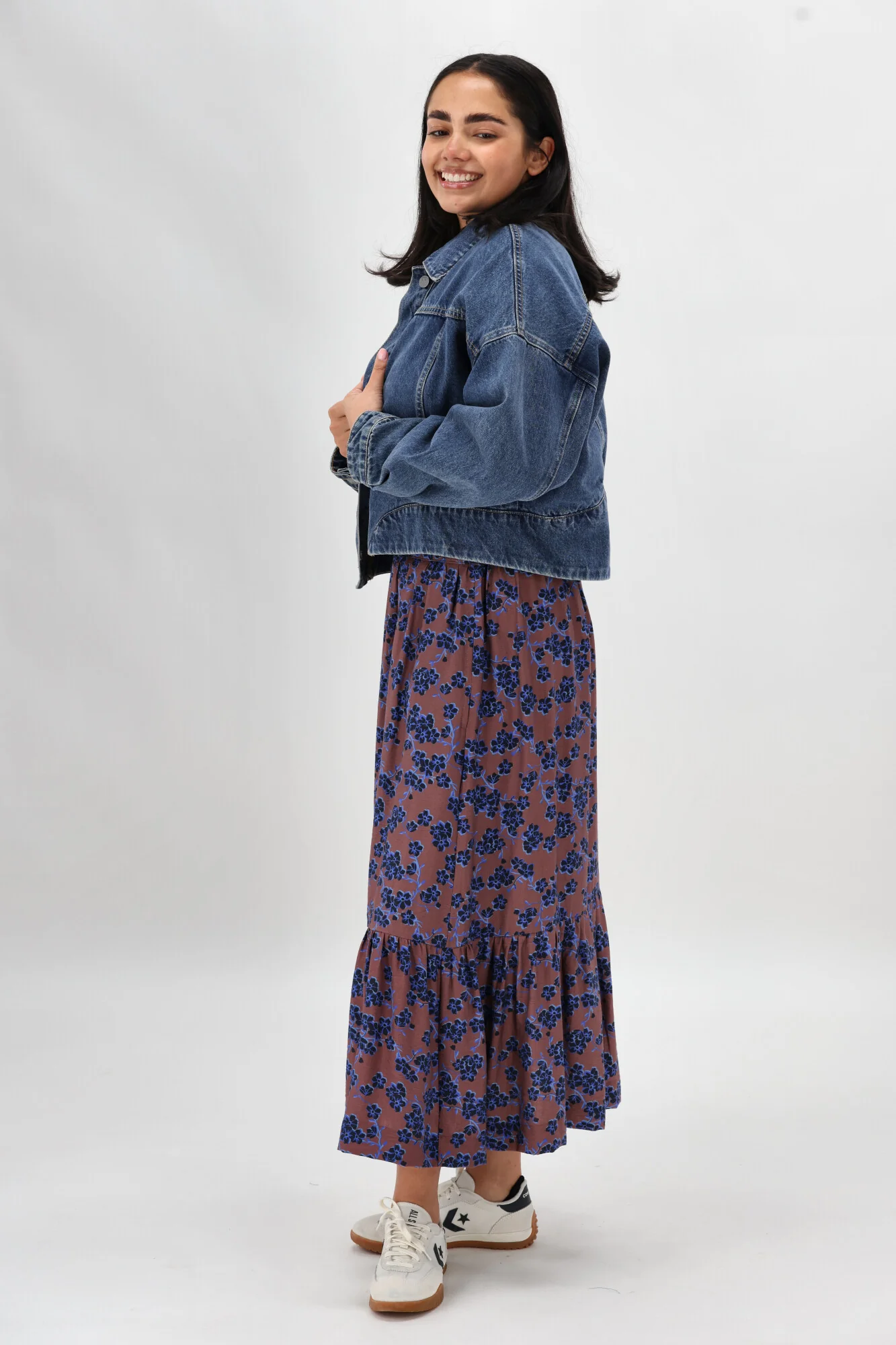 Gloss The Label Taia Frill Hem Skirt Chocolate Floral - Image 4