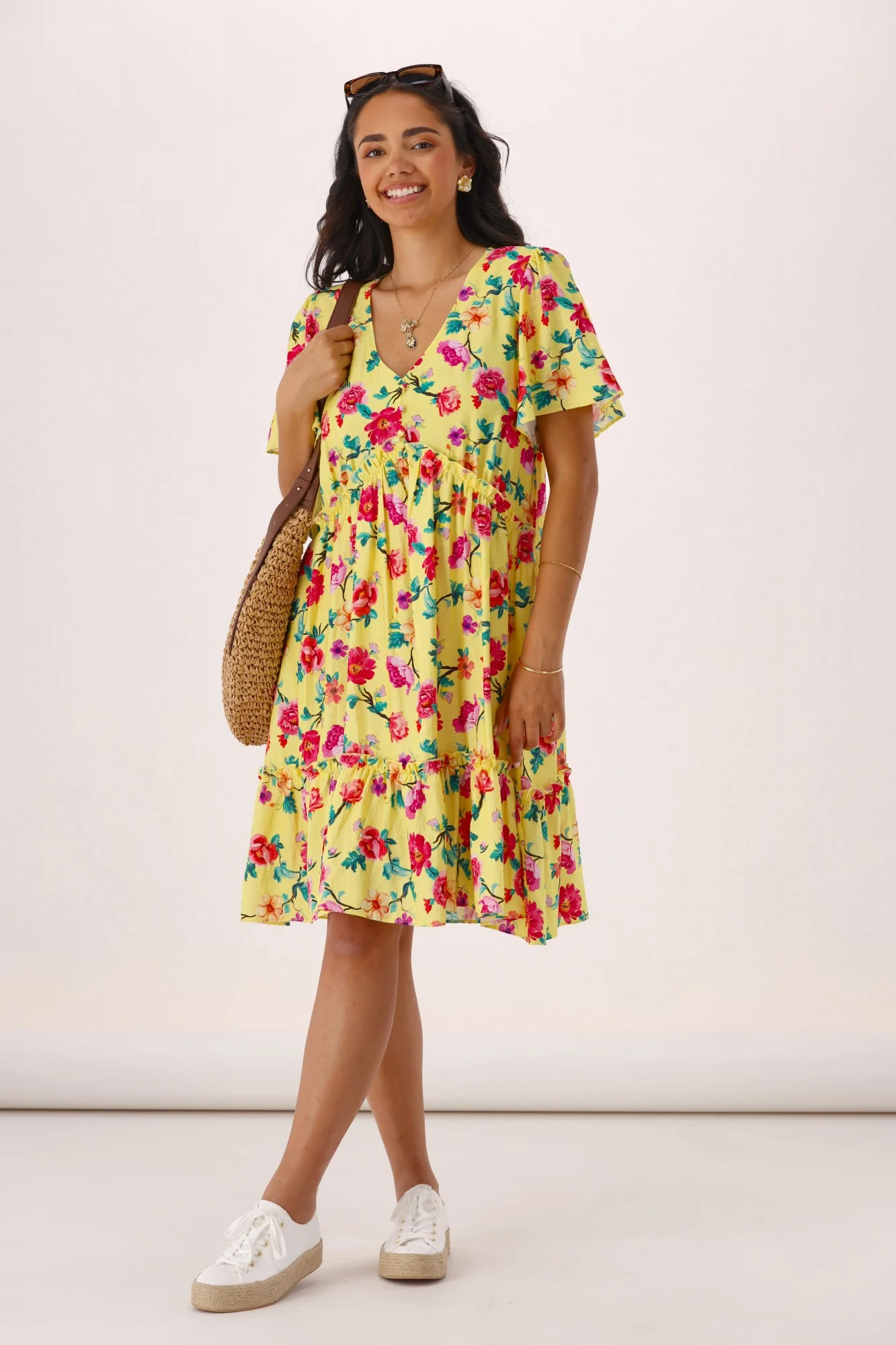 Gloss The Label Tammi Frill Hem Bouquet Dress Yellow Floral