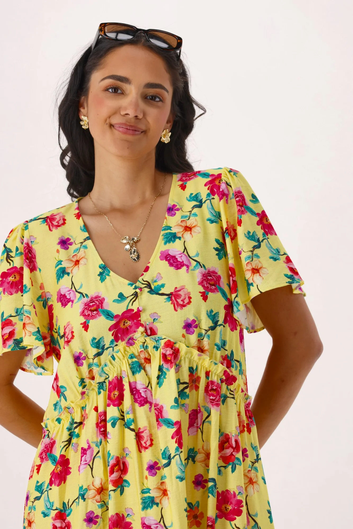 Gloss The Label Tammi Frill Hem Bouquet Dress Yellow Floral - Image 2