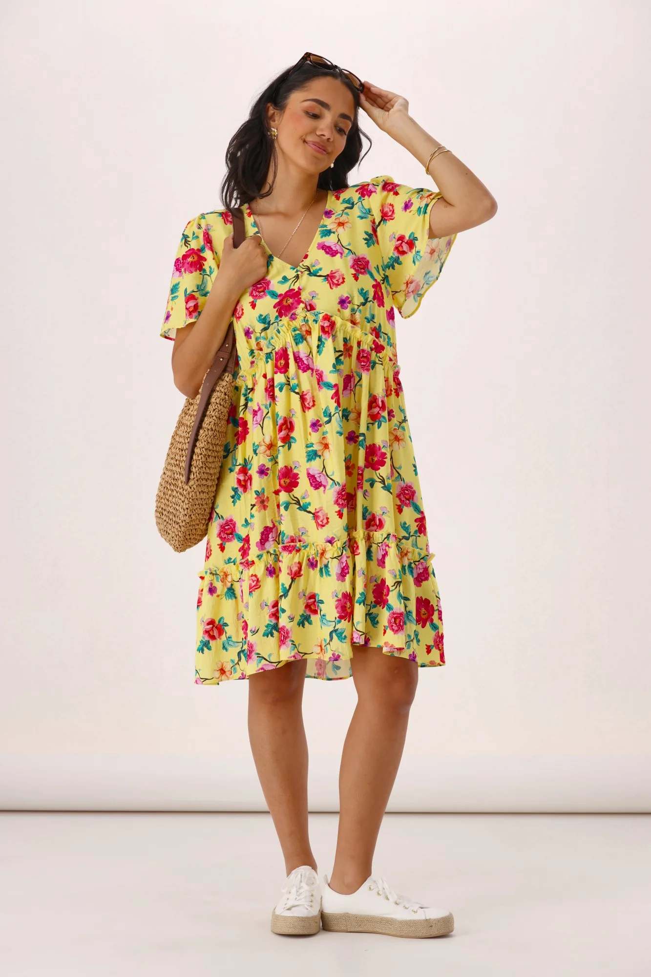 Gloss The Label Tammi Frill Hem Bouquet Dress Yellow Floral - Image 3