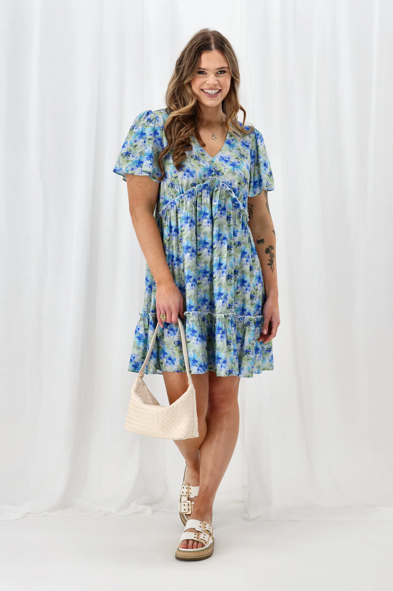 Gloss The Label Tammi Frill Hem Dress Blue Green Floral - Image 7