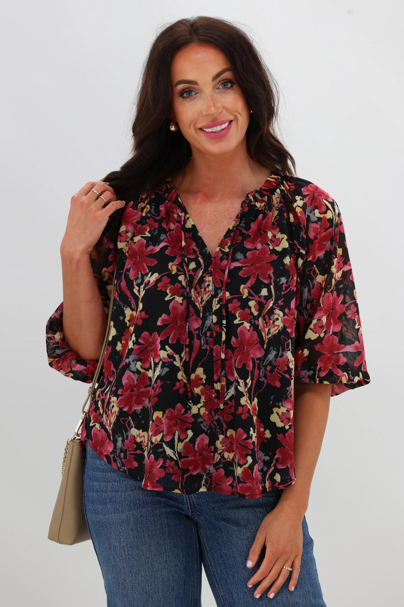Gloss The Label Tihana Frill Neck Blouse Black and Cranberry Floral - Image 3