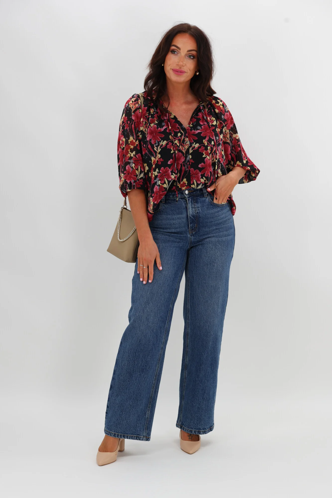Gloss The Label Tihana Frill Neck Blouse Black and Cranberry Floral - Image 5