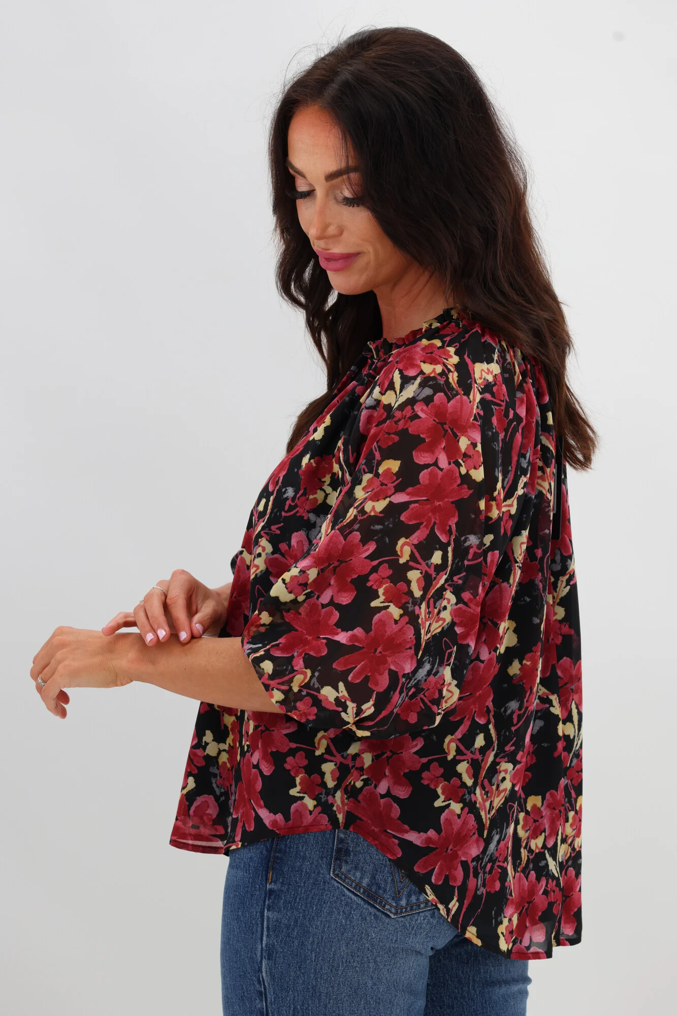 Gloss The Label Tihana Frill Neck Blouse Black and Cranberry Floral - Image 6