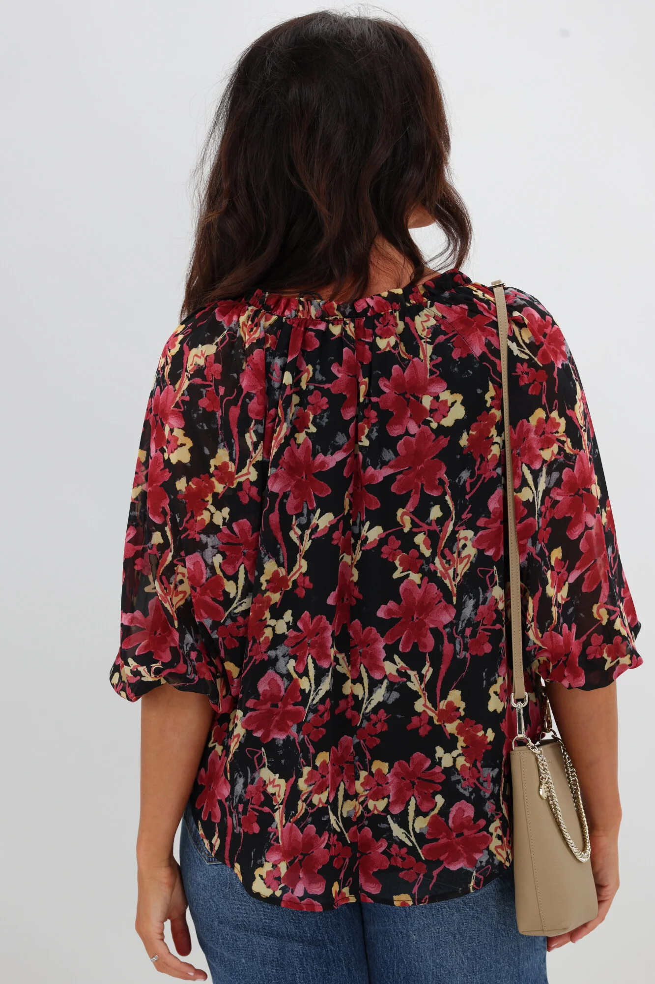 Gloss The Label Tihana Frill Neck Blouse Black and Cranberry Floral - Image 7