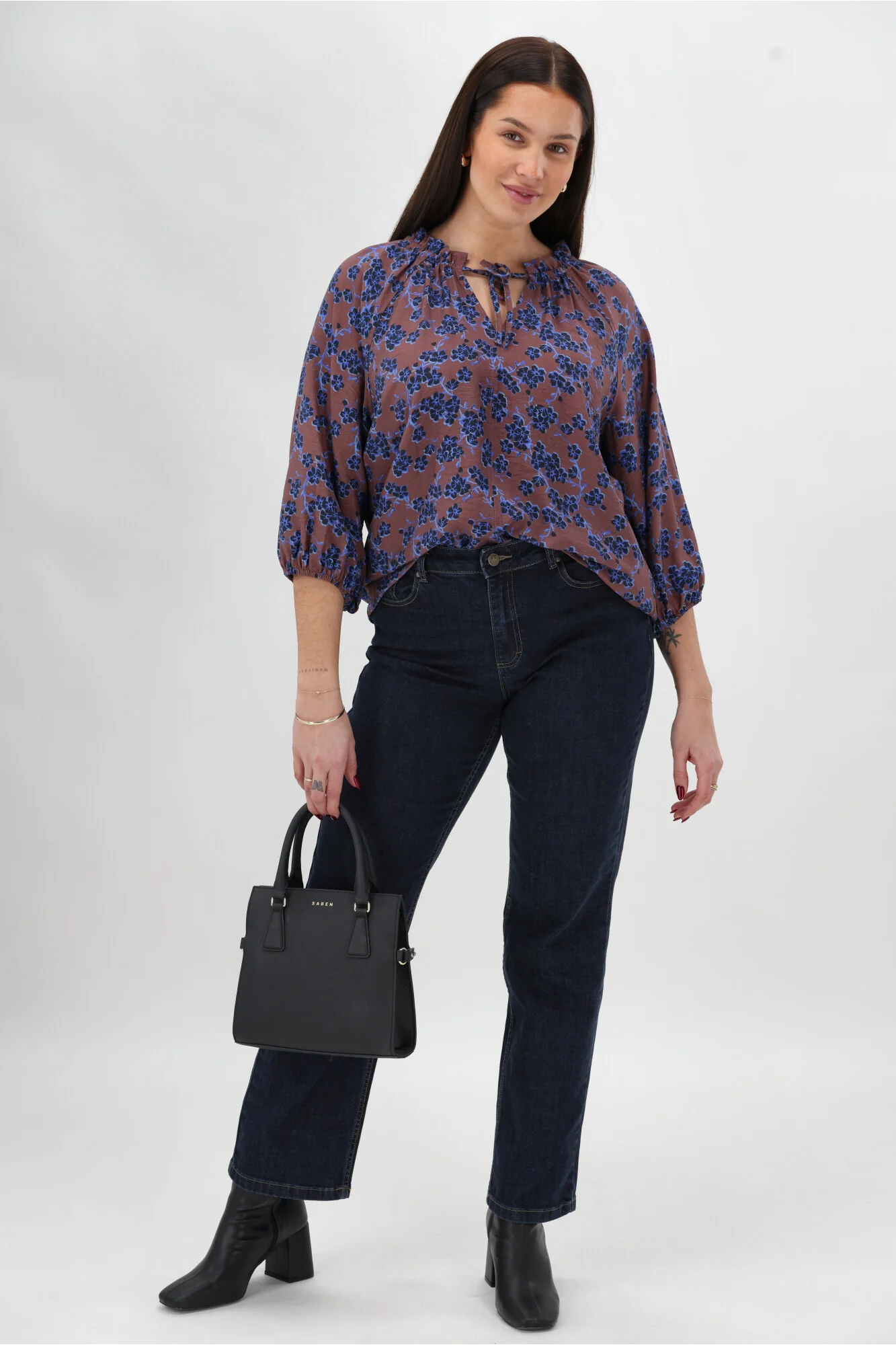 Gloss The Label Tihana Frill Neck Blouse Chocolate Floral - Image 2