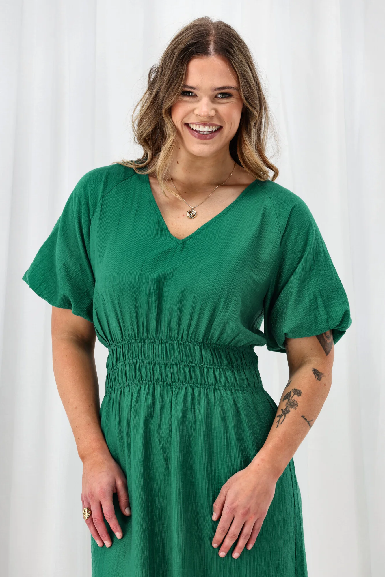 Gloss The Label Twilight Shirred Waist Dress Green - Image 3