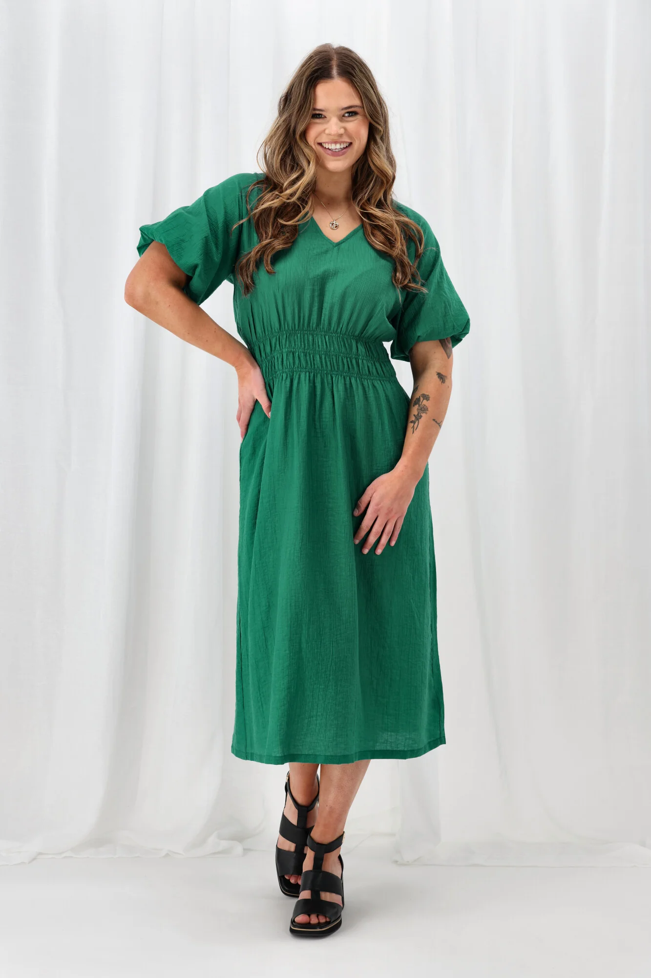 Gloss The Label Twilight Shirred Waist Dress Green - Image 4