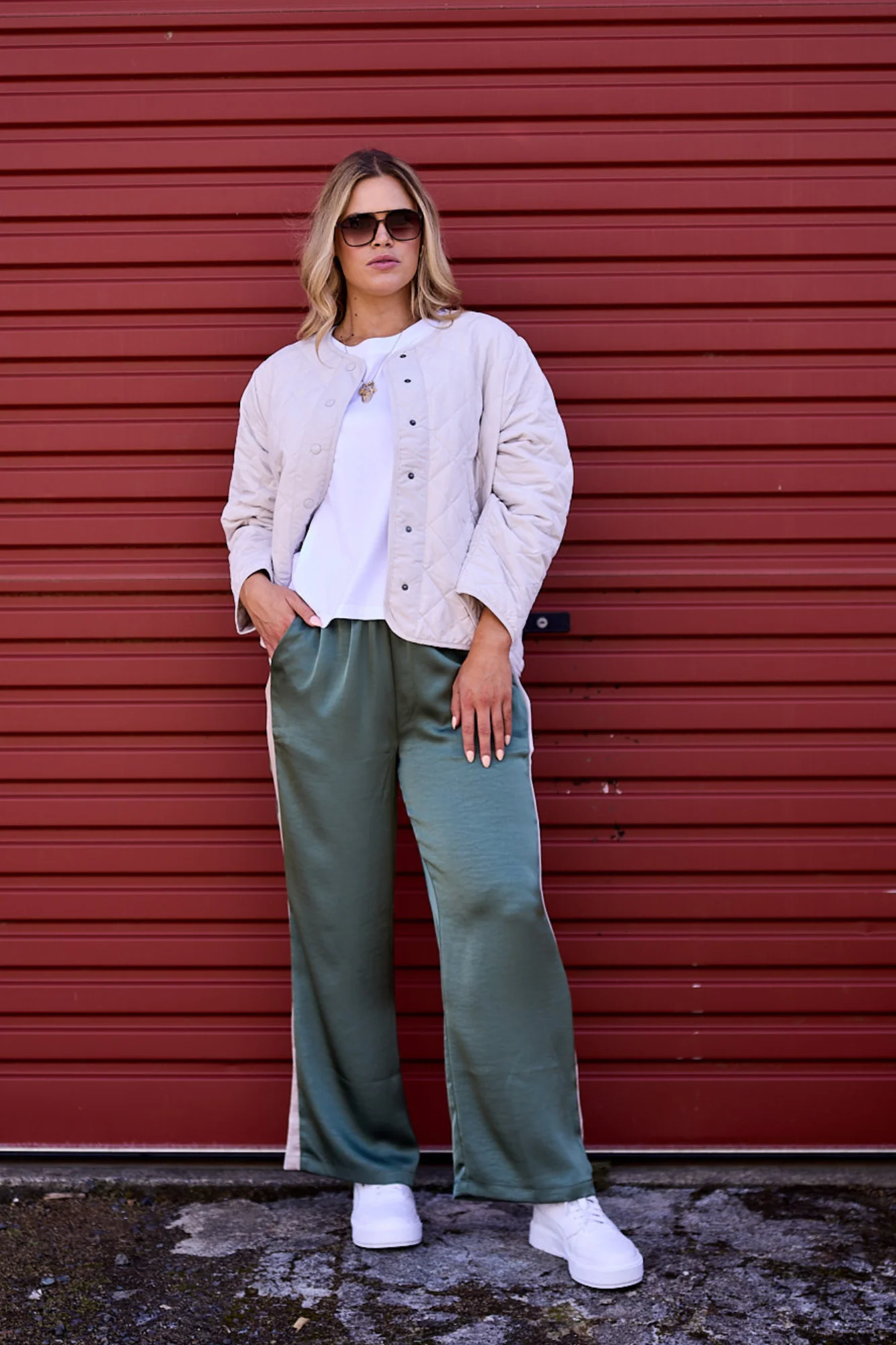 Gloss The Label Yara Satin Pant Sage Green - Image 3