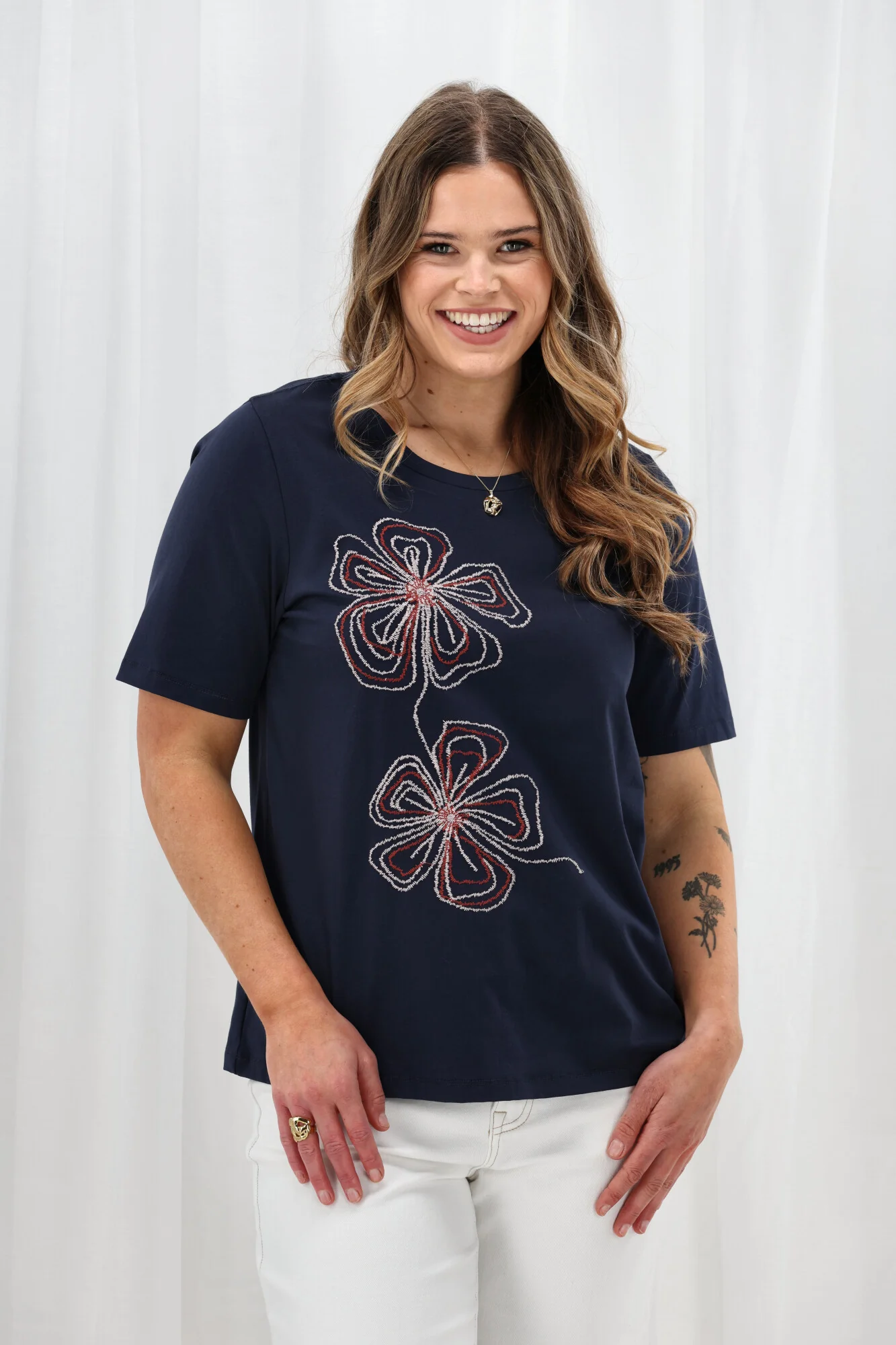 Gloss The Label Zayden Floral Embroidered Tee Navy - Image 2