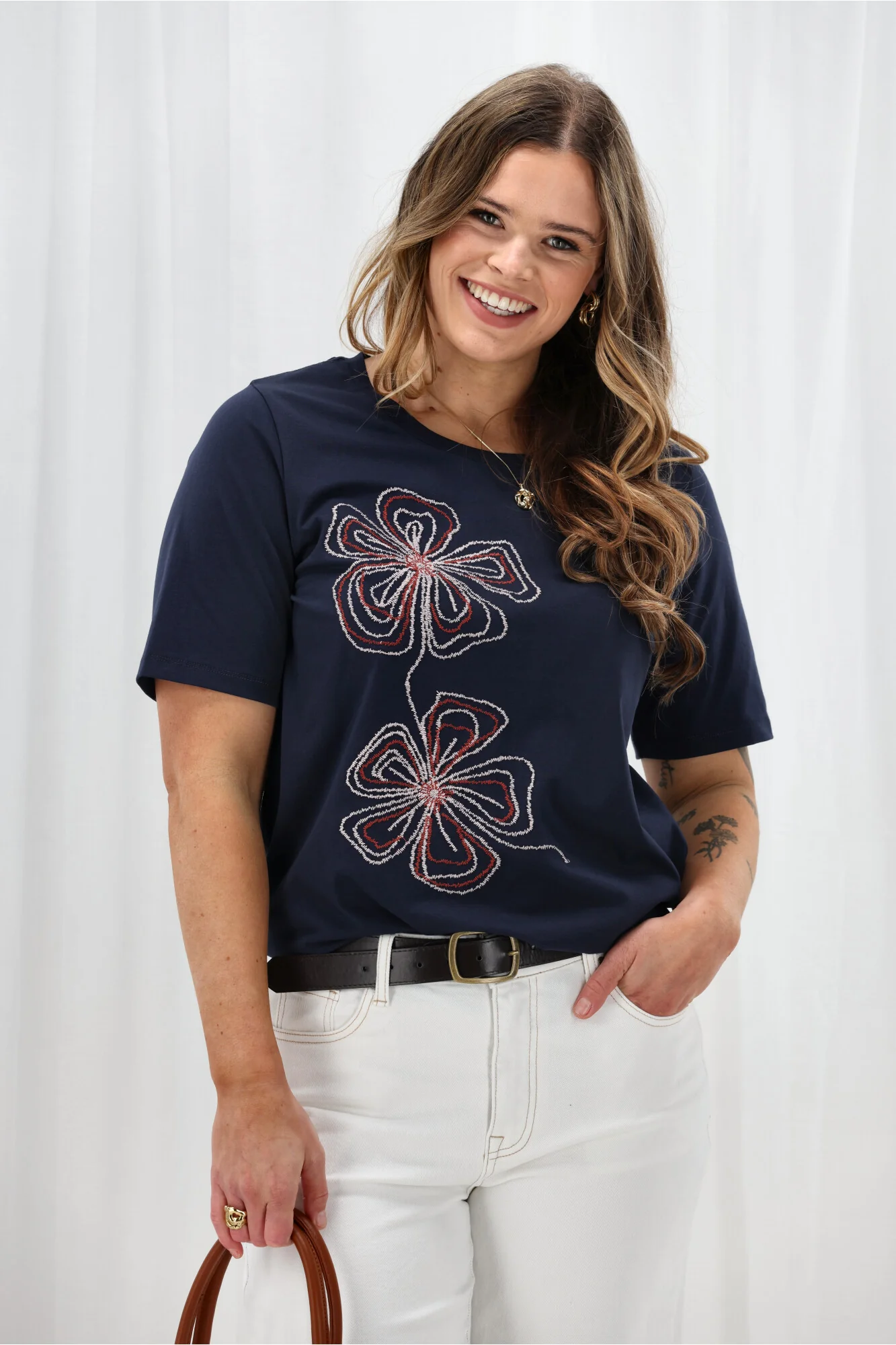 Gloss The Label Zayden Floral Embroidered Tee Navy - Image 4