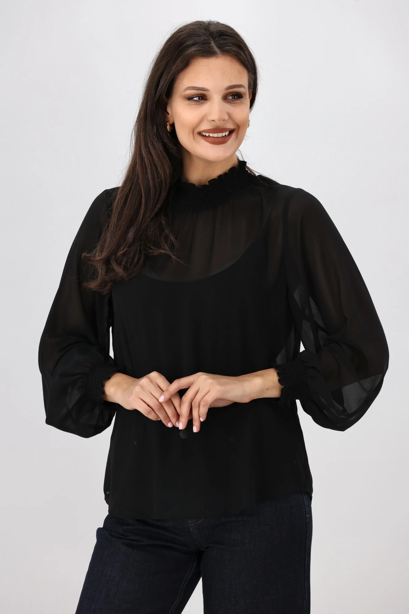 Gloss The Label Zeyna Shirred Neck Top Black - Image 2