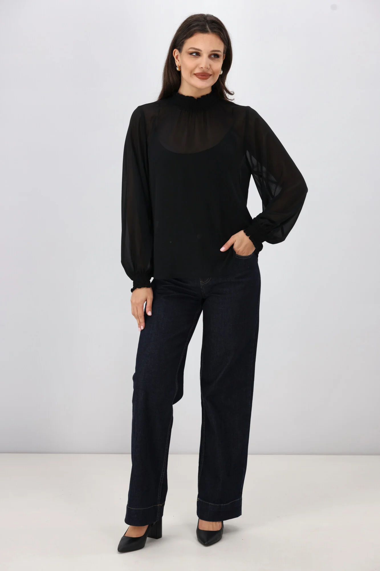 Gloss The Label Zeyna Shirred Neck Top Black - Image 3
