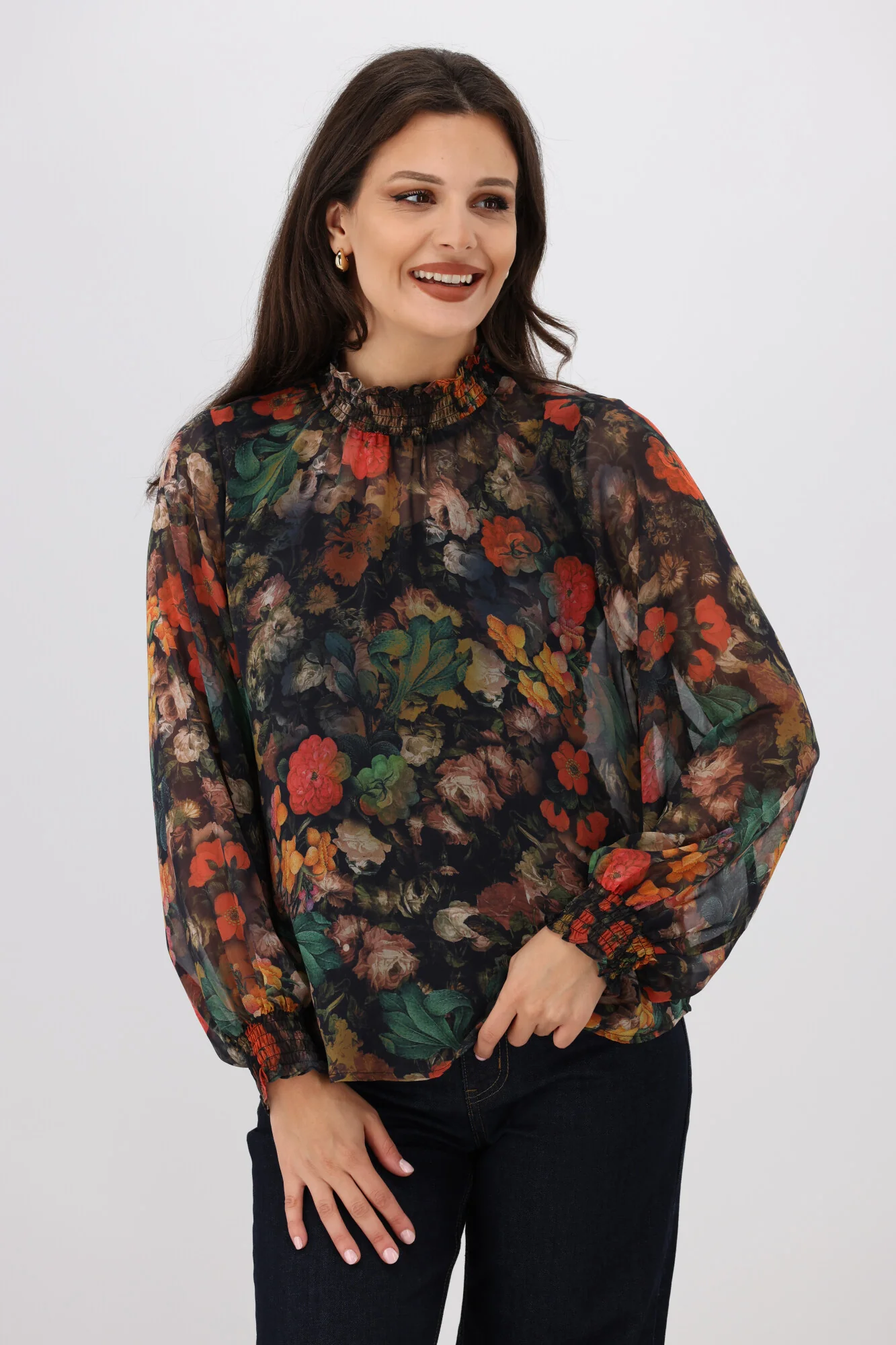 Gloss The Label Zeyna Shirred Neck Top Floral Print - Image 2