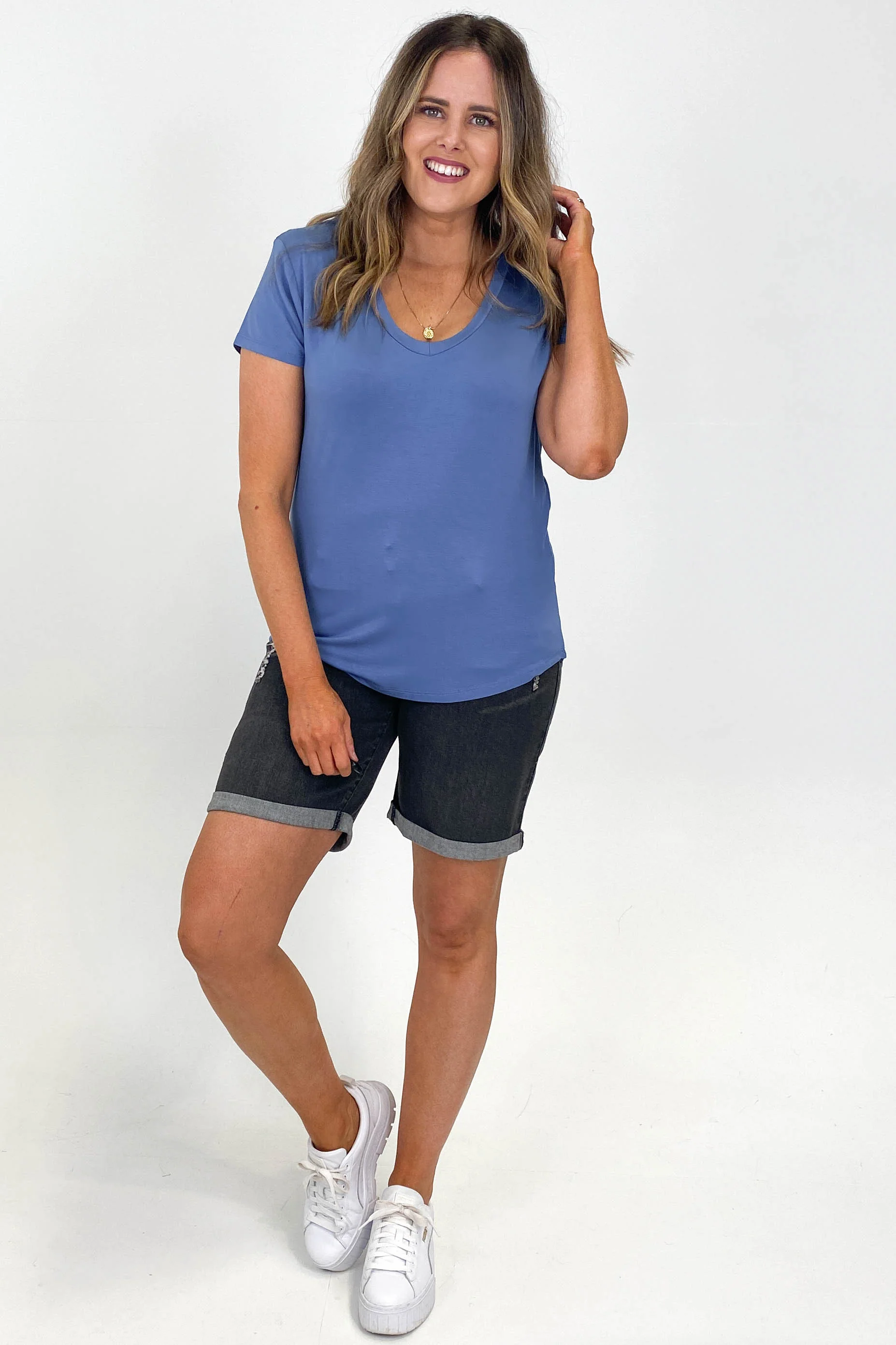 Go Girl Bamboo V Neck Tee Shirt French Blue - Image 3
