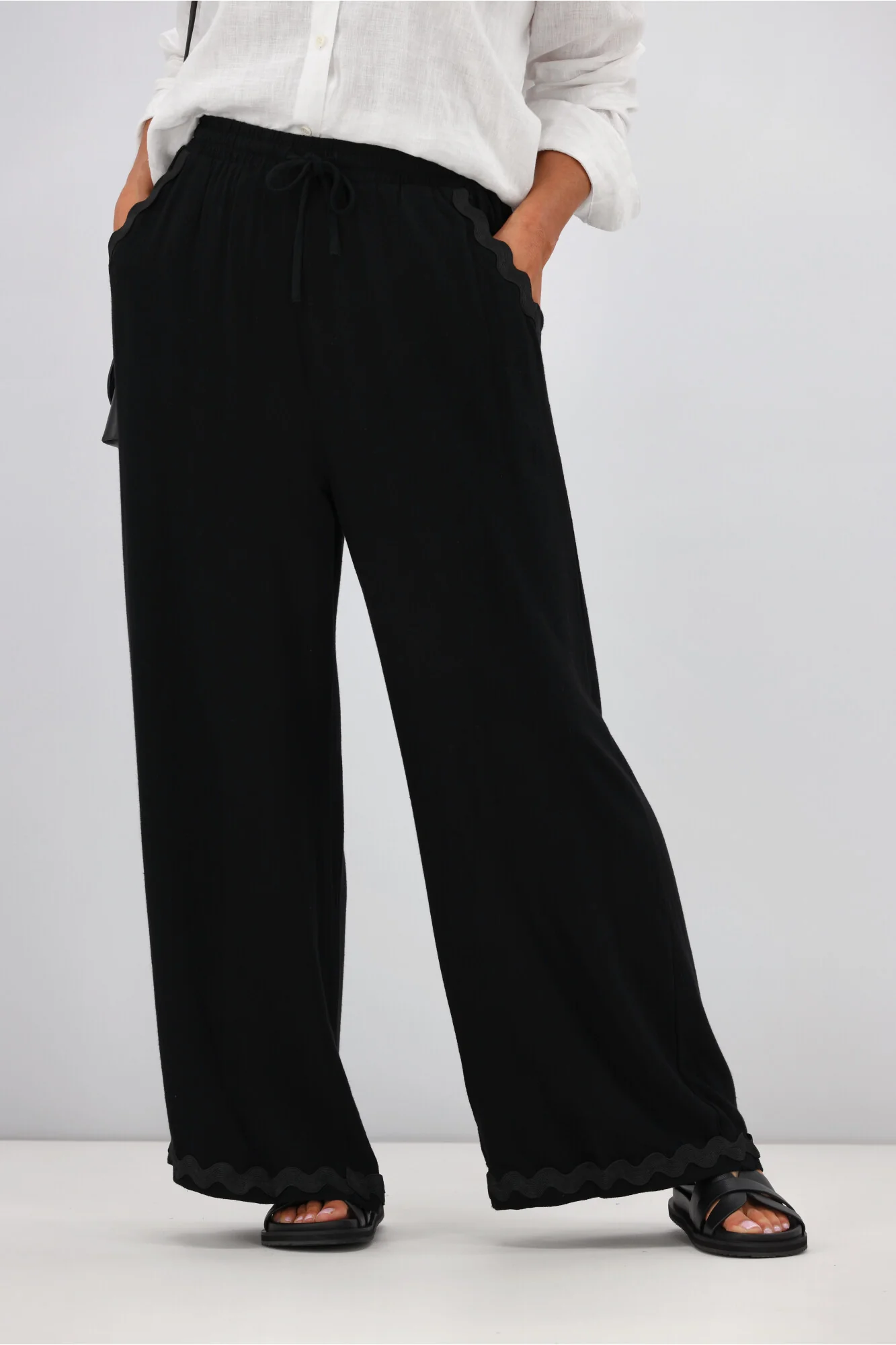 Grace & Co Ric Rac Trim Linen Pants Black - Image 2
