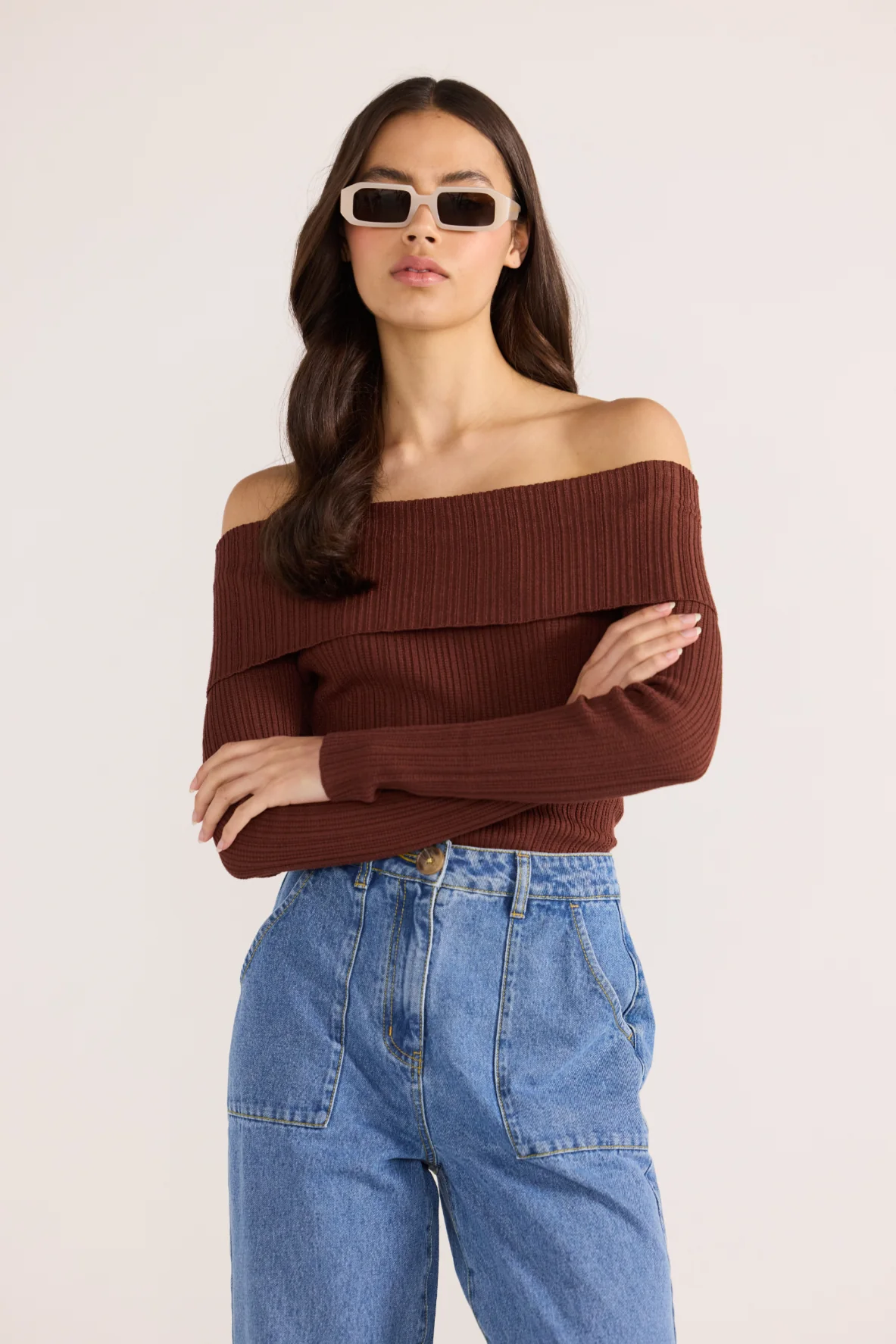 Minkpink Zoe Off Shoulder Knit Top Chocolate - Image 6