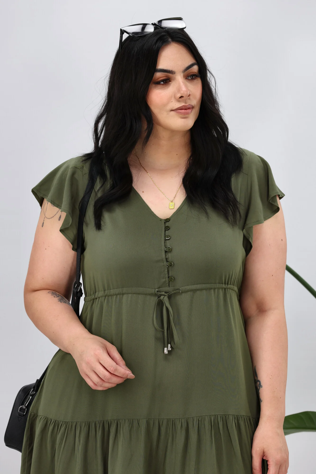 New U Collection V Neck Dress Khaki - Image 2