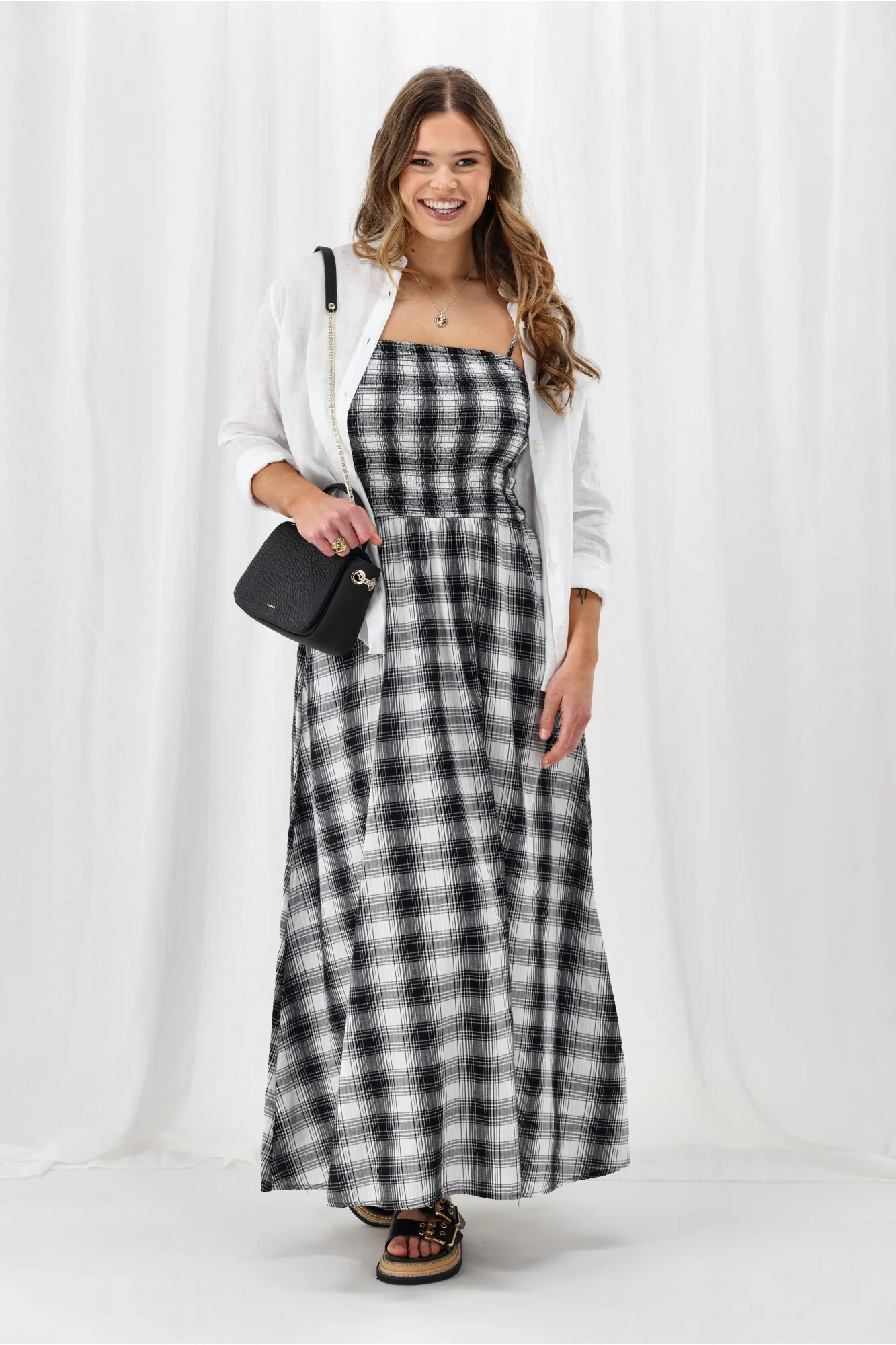 ONLY Onlmaddy Life Maxi Check Smock Dress Black White Check