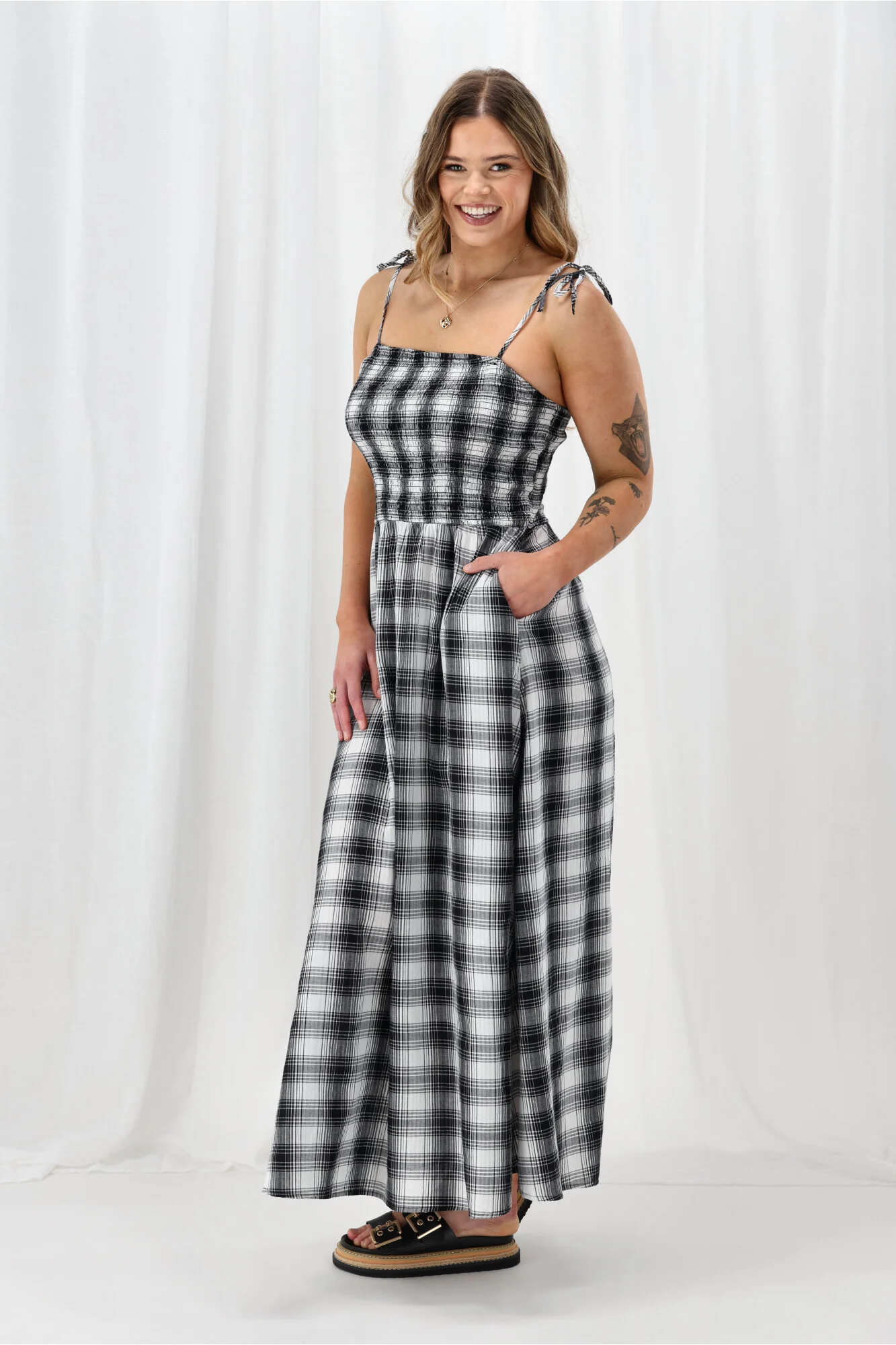 ONLY Onlmaddy Life Maxi Check Smock Dress Black White Check - Image 6