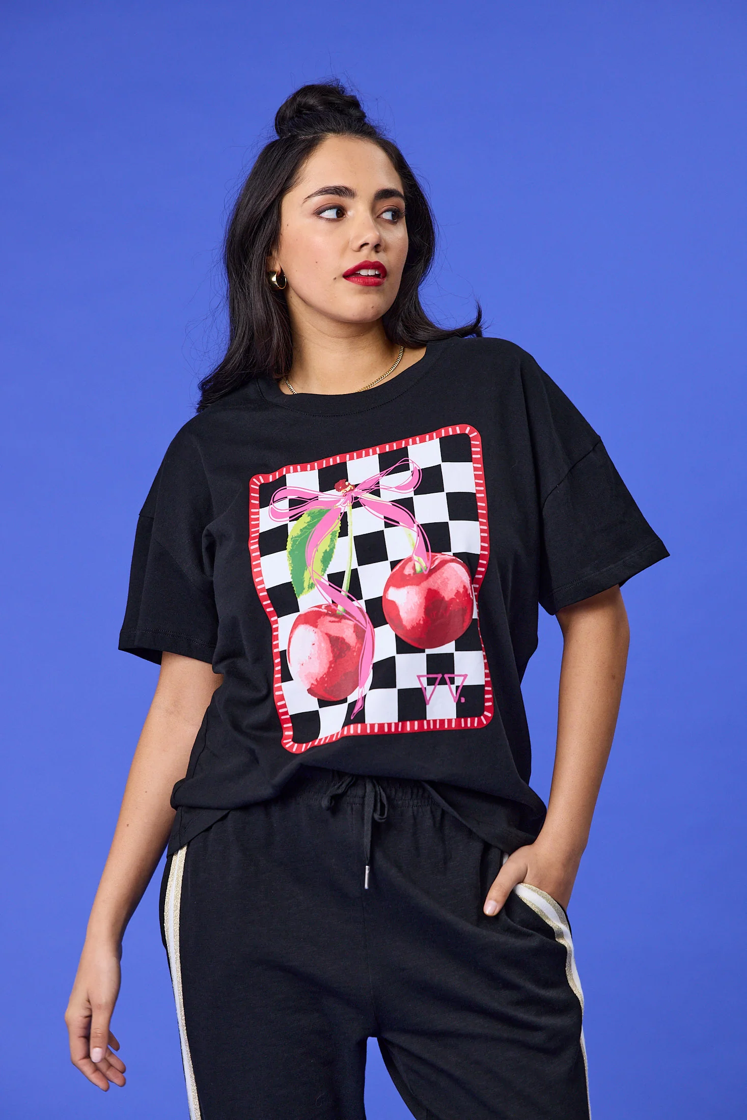 Rebel Club Cherry Checker Boyfriend Tee Black