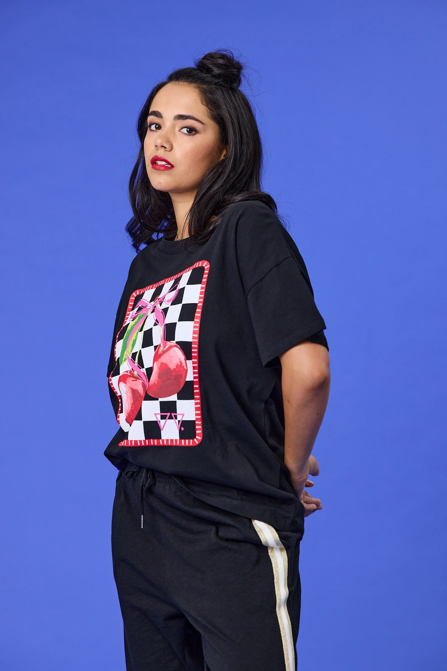 Rebel Club Cherry Checker Boyfriend Tee Black - Image 2
